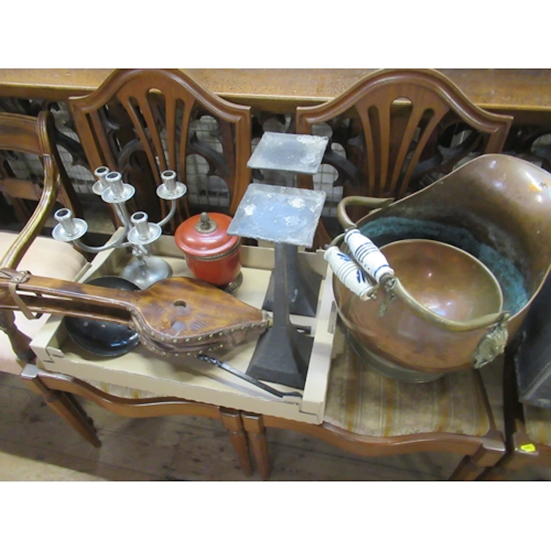 A pair of oak bellows, together with a pair of Arts & Crafts...