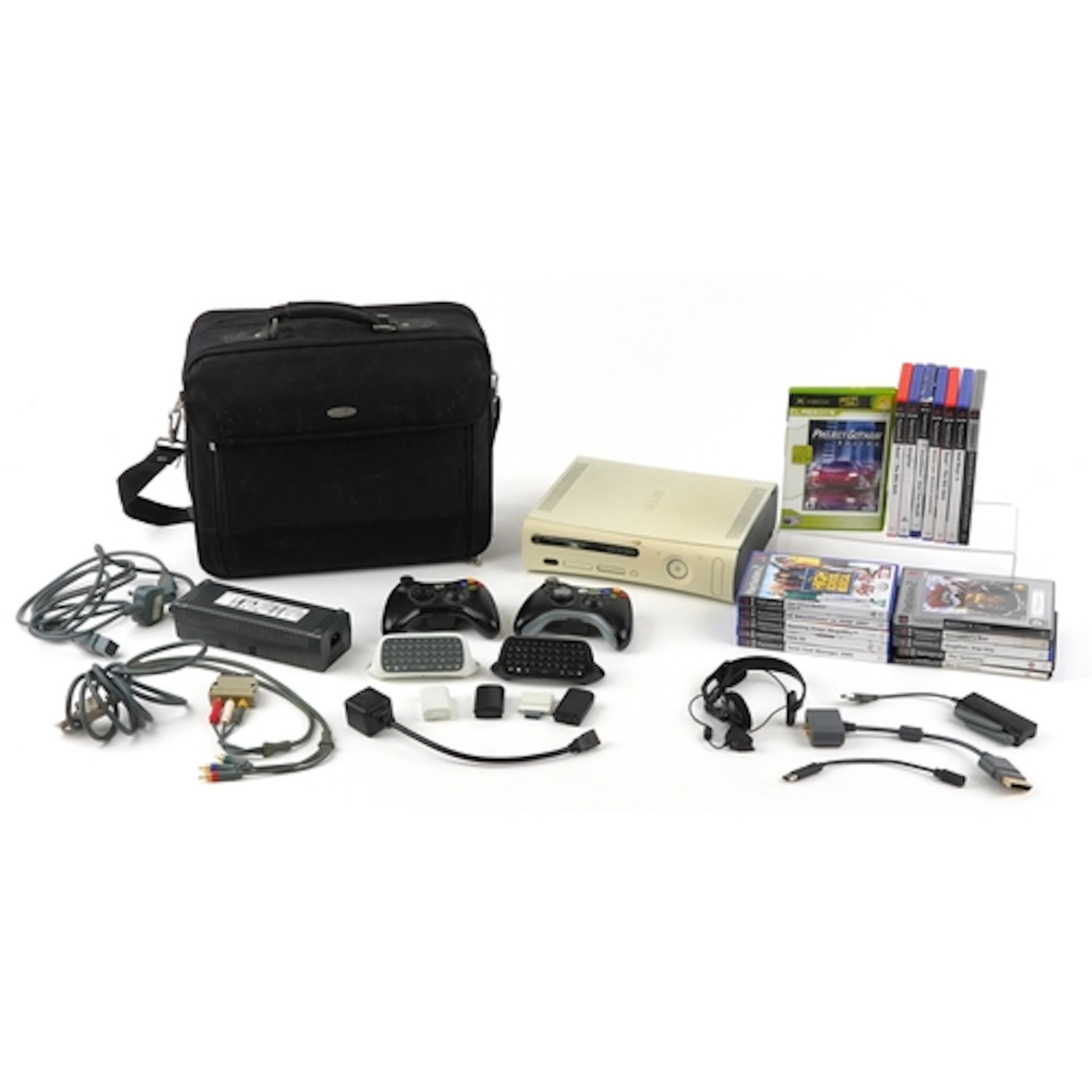 Microsoft Xbox 360 games console with two controllers, acces...