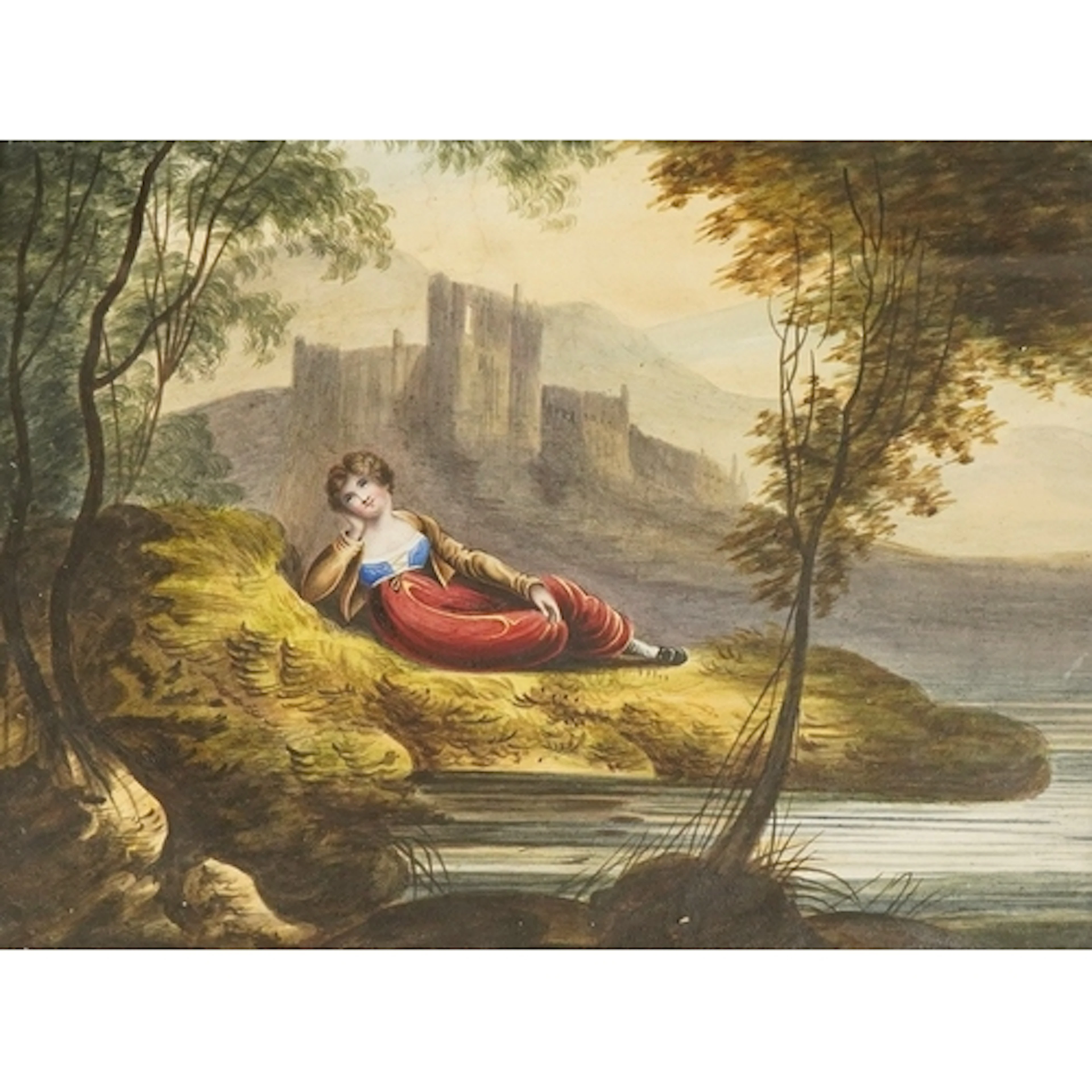 English school, mid 19th century, a lady lying before castle...