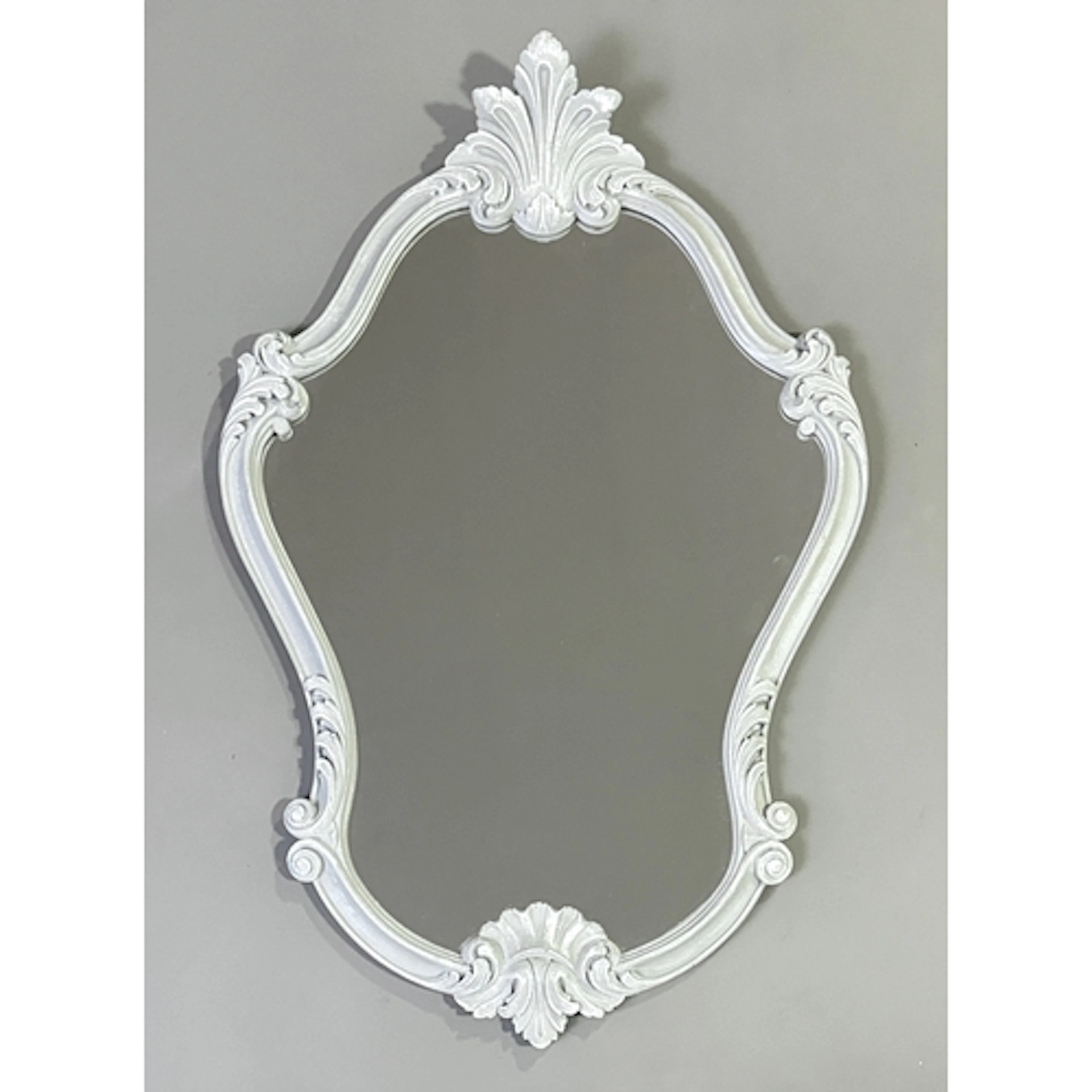 A grey and white painted rococo style cartouche-shaped mirro...