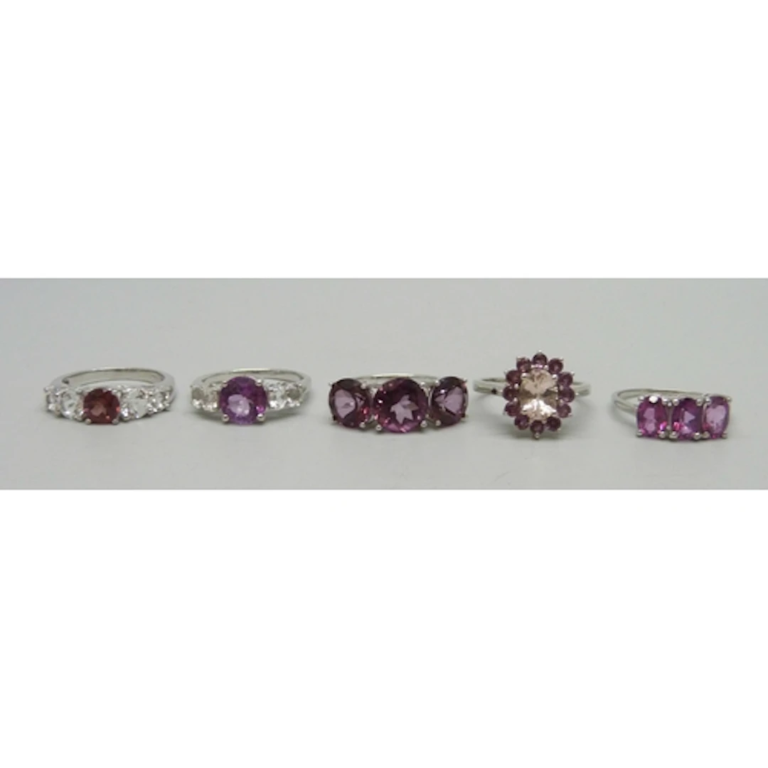 A collection of five silver TGGC gemstone rings, 15g total