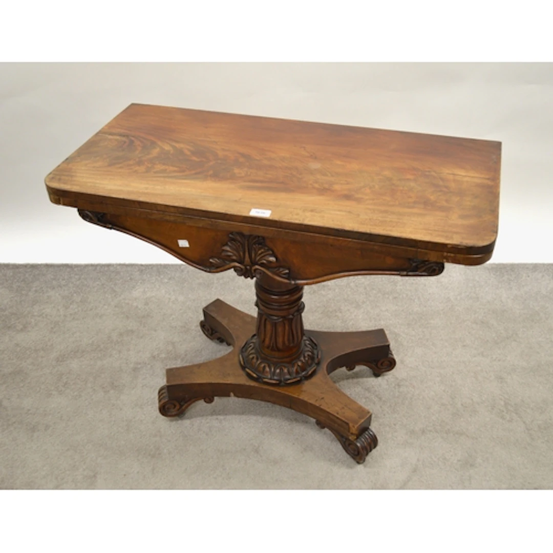 Early Victorian mahogany rectangular fold-over card table, o...