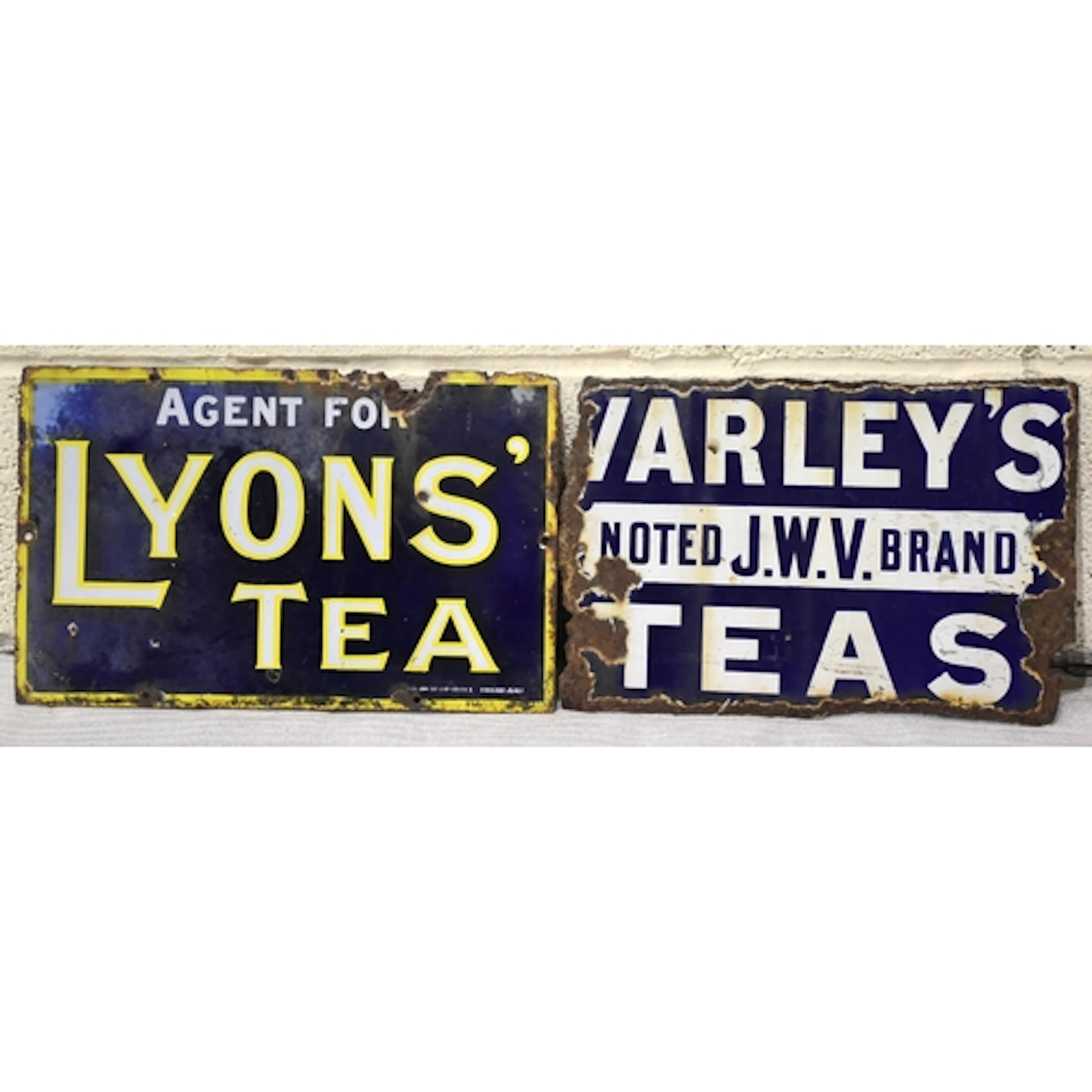 A "Varley's Noted JWV Brand Teas" double-sided enamelled adv...
