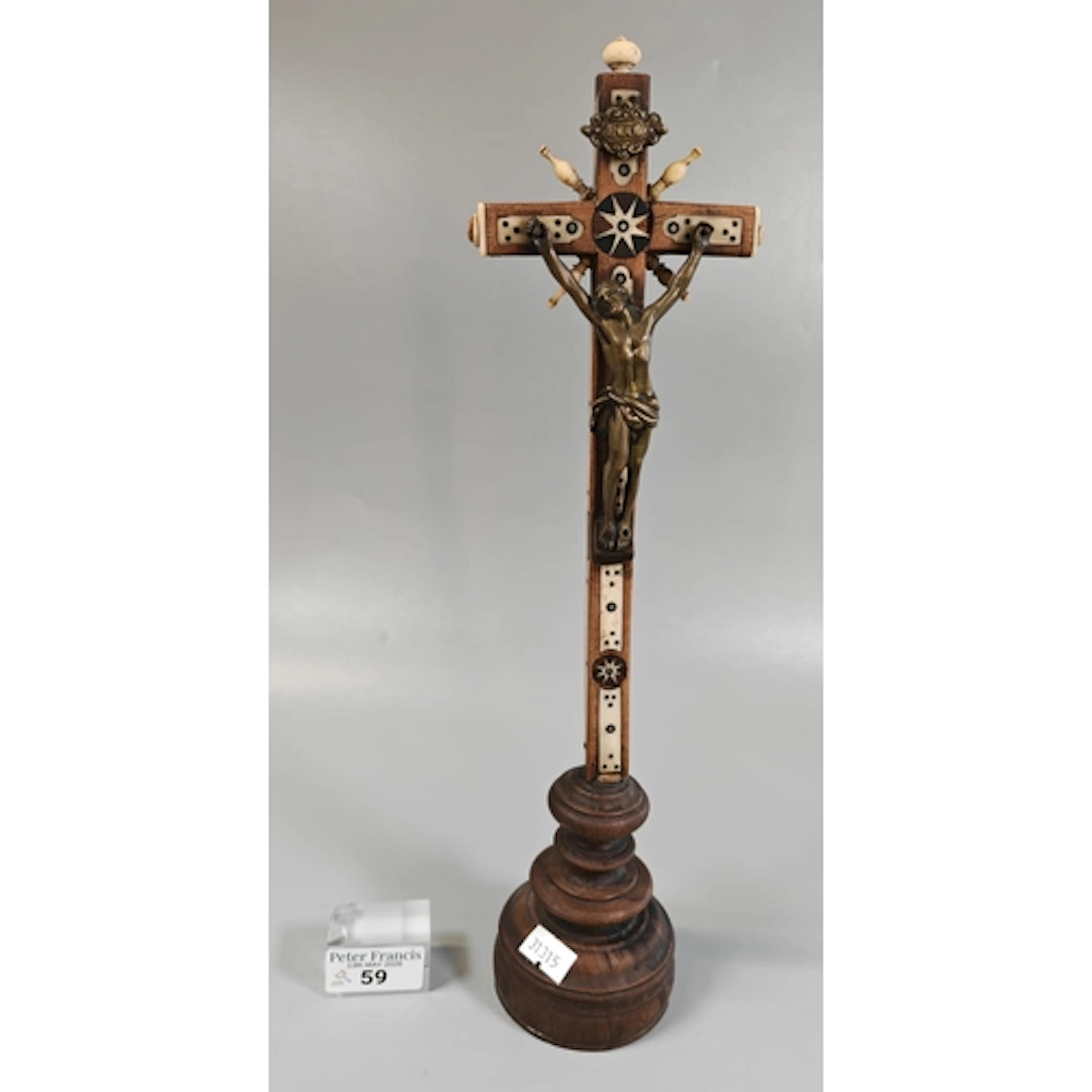 Neo Gothic style carved wooden and bone inlaid crucifix alte...