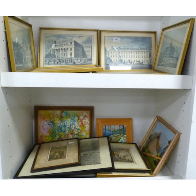 Two shelves of prints to include Victorian style prints and ...