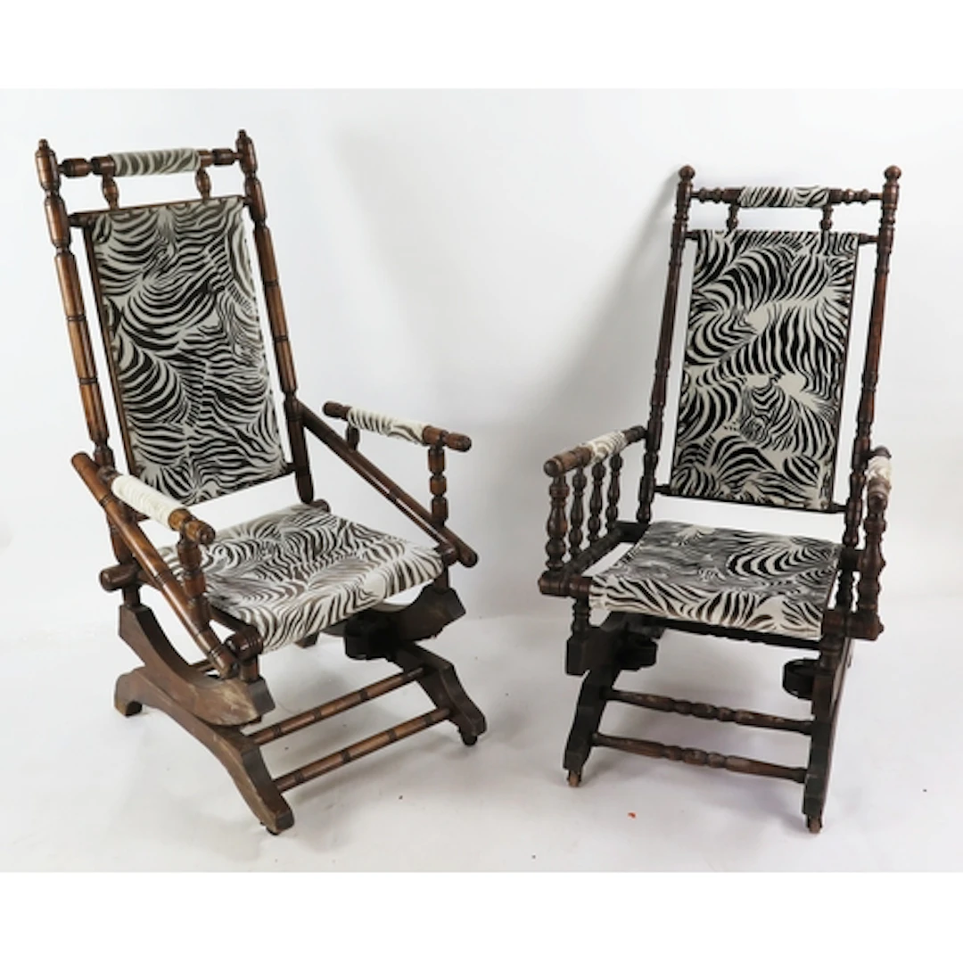 Two beech American rocking chairs, with padded animal print ...