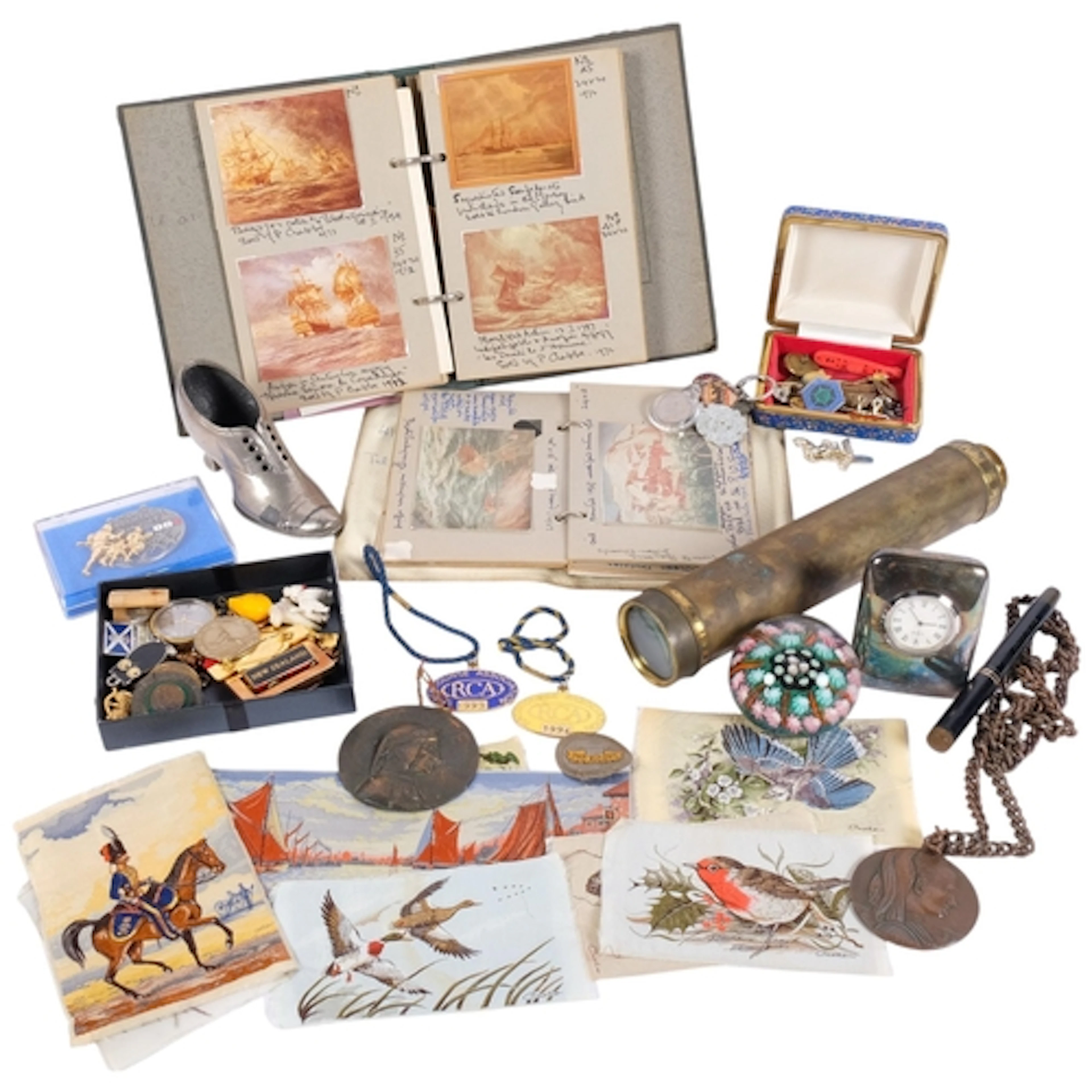 2 albums of maritime artwork, assorted bangles, paperweights...