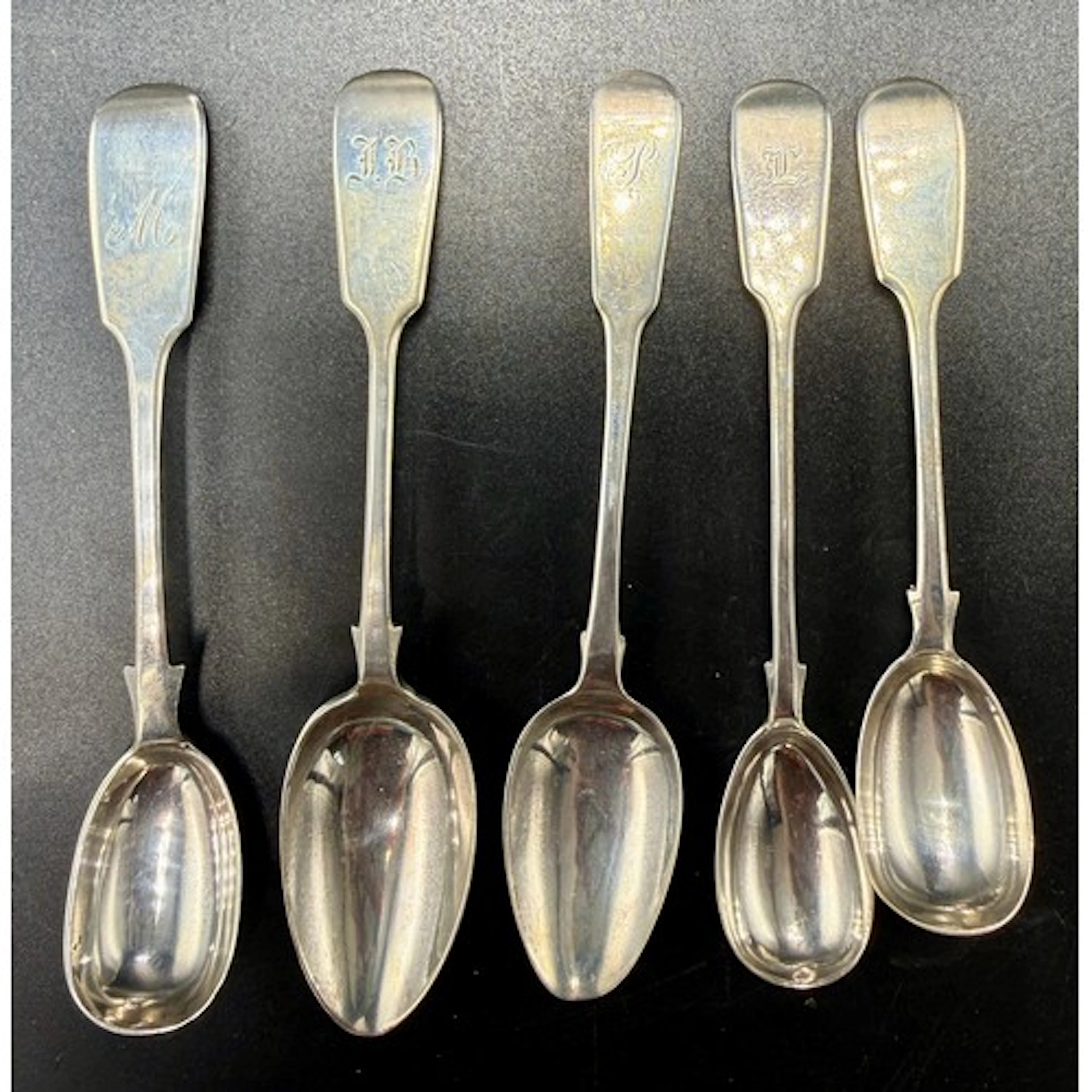Five Exeter silver spoons, three mustard and two teaspoons. ...