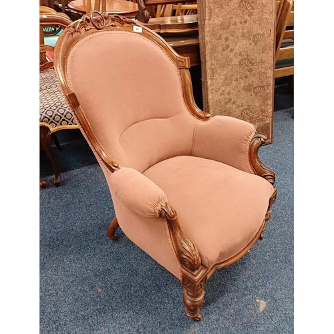 19TH CENTURY CARVED WALNUT FRAMED GENTLEMAN'S ARMCHAIR ON TU...