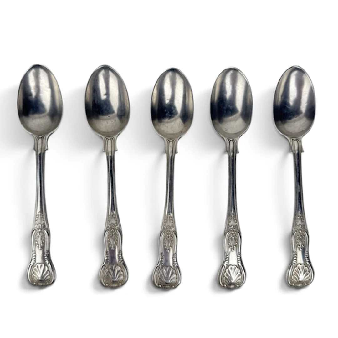 FIVE SILVER KINGS PATTERN TEASPOONS, ROBERT STEBBINGS, LONDO...