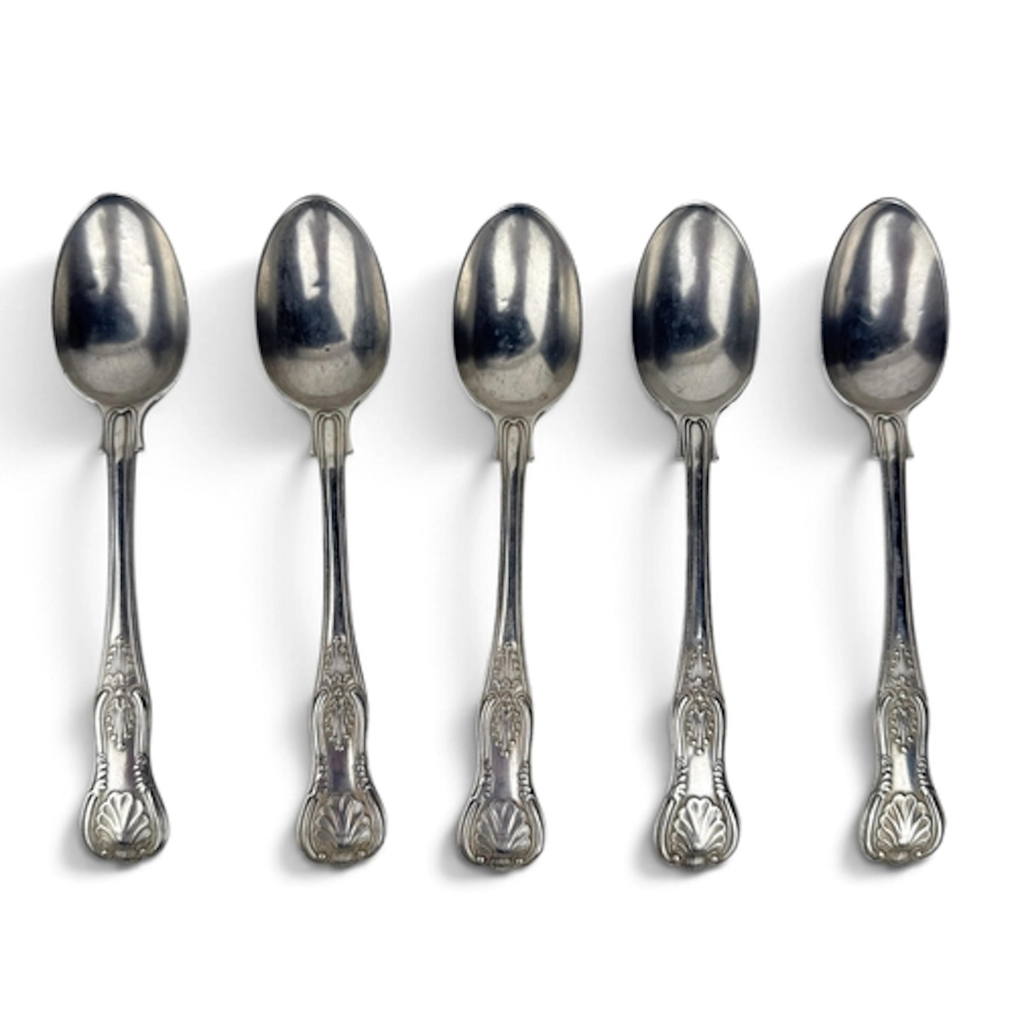 FIVE SILVER KINGS PATTERN TEASPOONS, ROBERT STEBBINGS, LONDO...