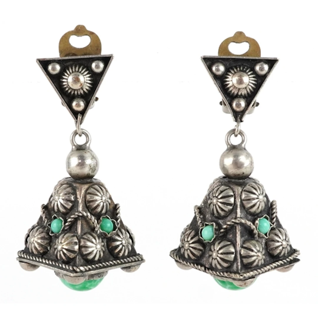 Pair of vintage Middle Eastern style white metal and cabocho...