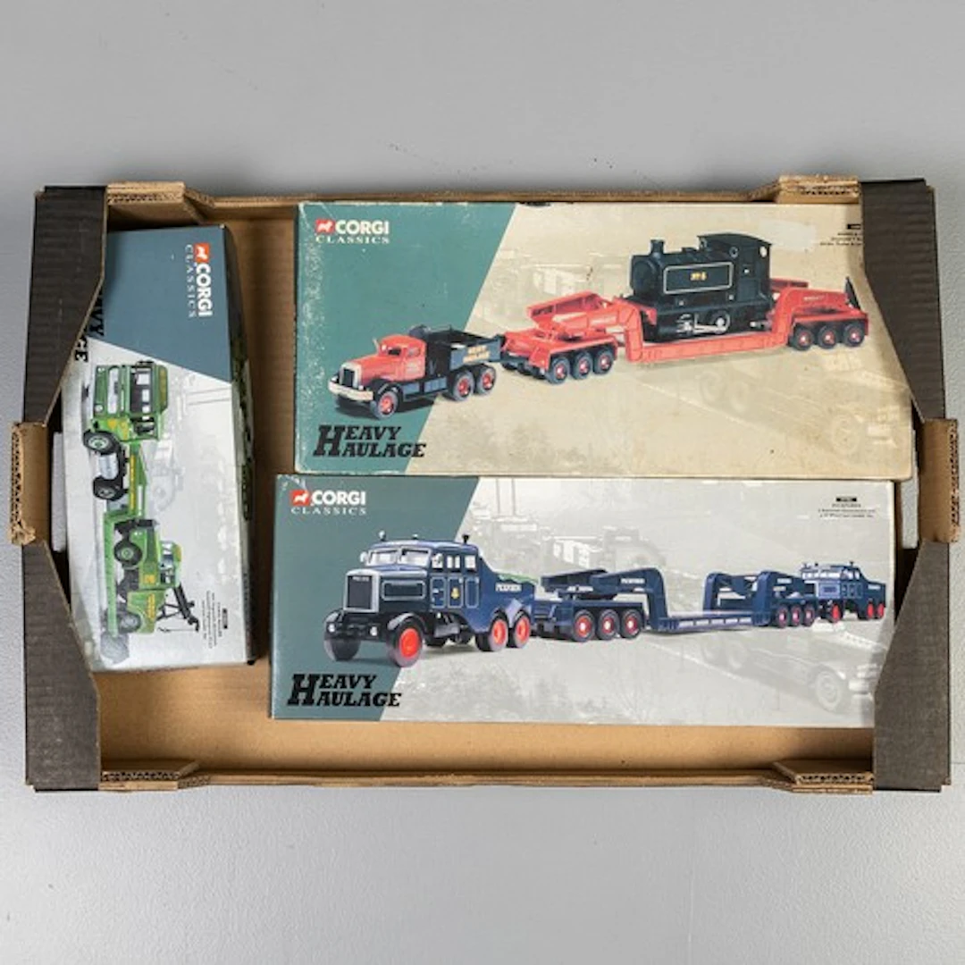 Fruit tray containing three Corgi Heavy Haulage commercial v...