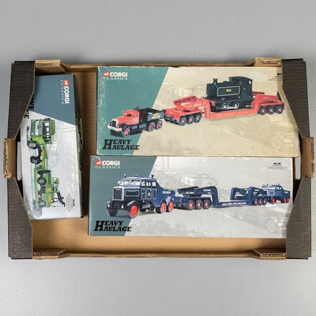 Fruit tray containing three Corgi Heavy Haulage commercial v...