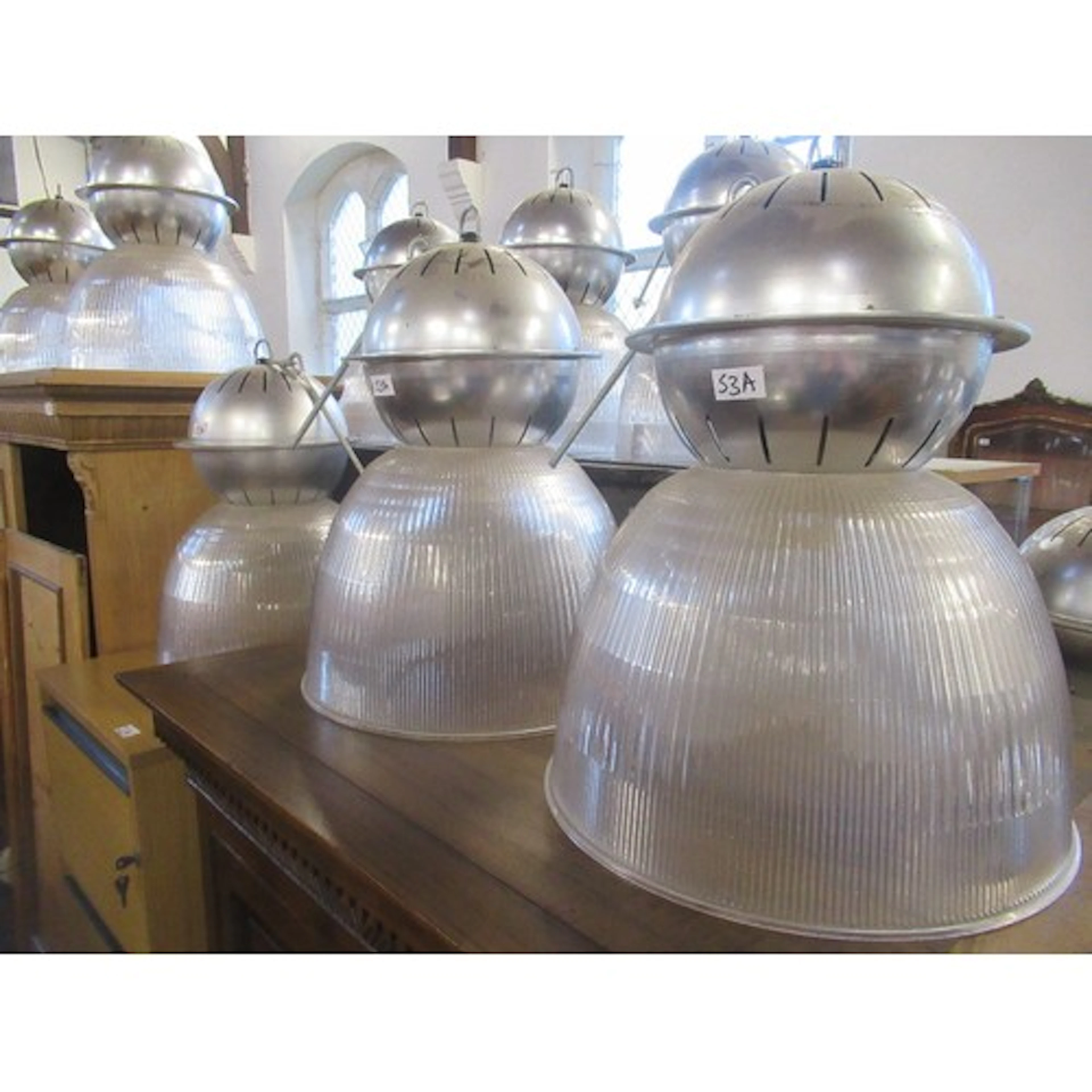 Three vintage style Holphane pendant light fittings