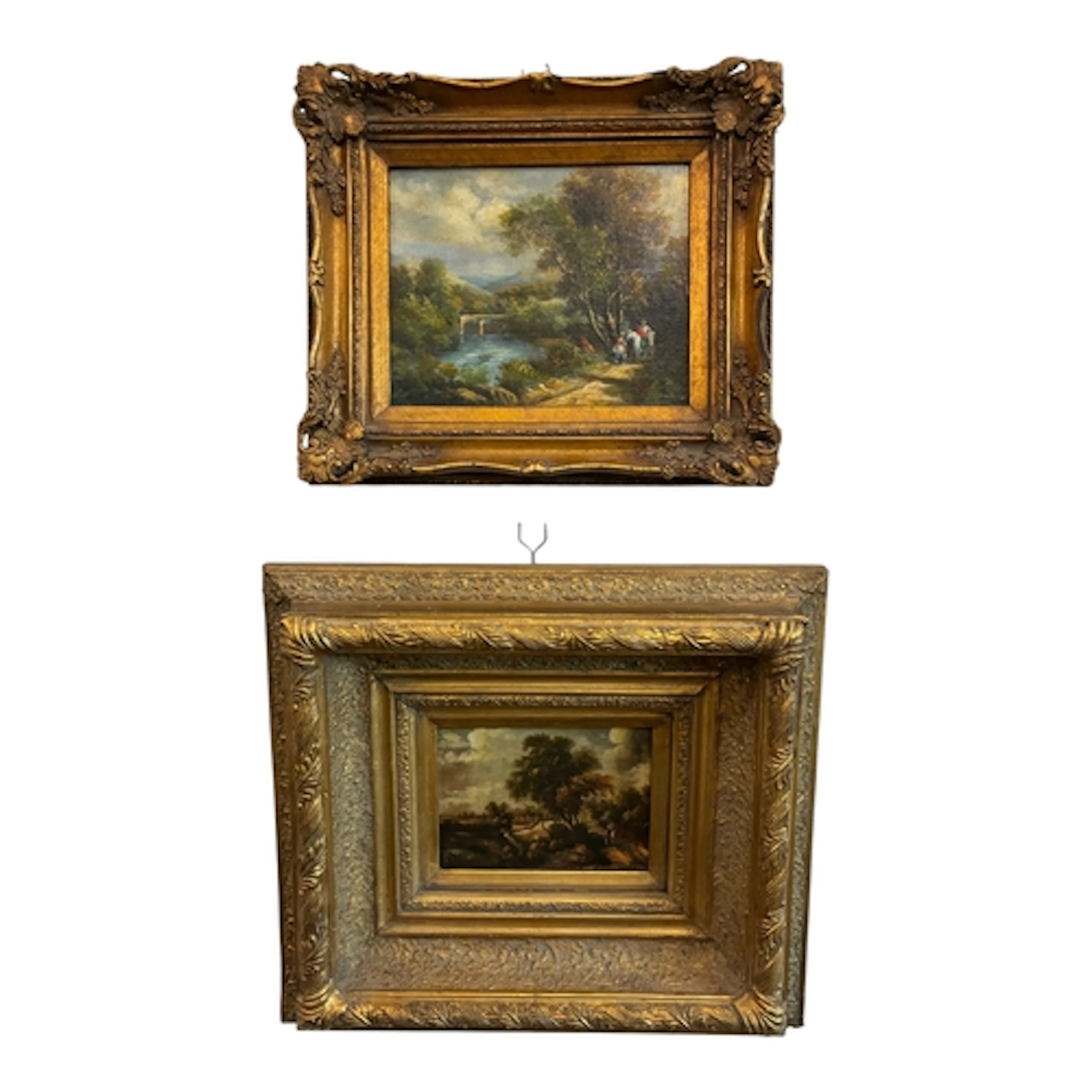 Two 20th century oil embellished prints after 18th landscape...
