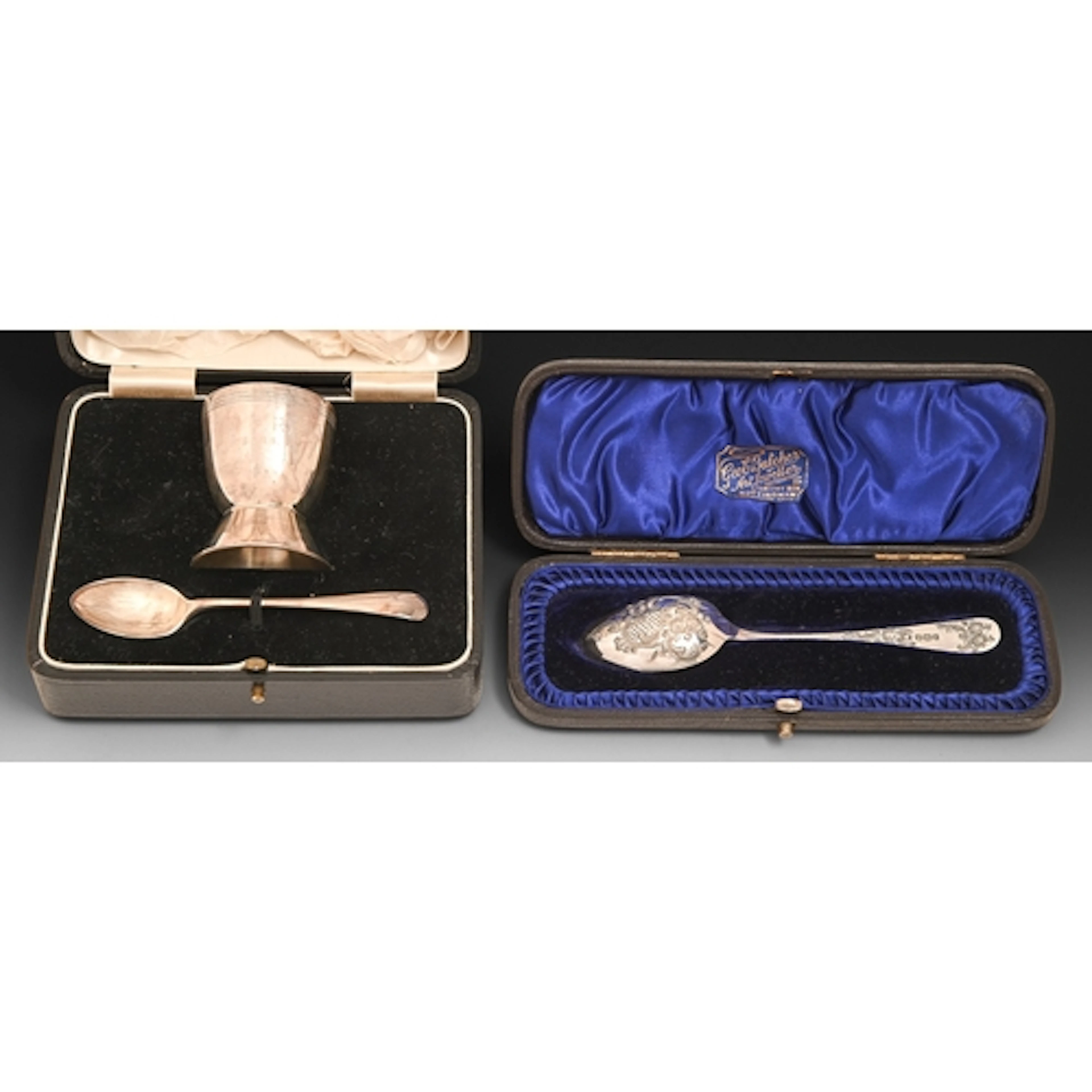 A George V silver christening set and spoon, egg cup 5.8cm h...