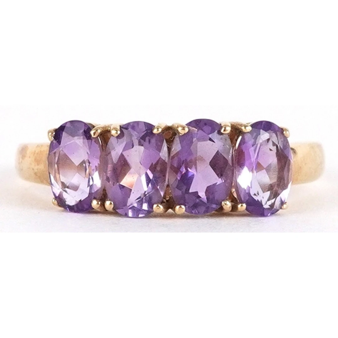 9ct gold amethyst four stone ring, size Q, 1.9g.
