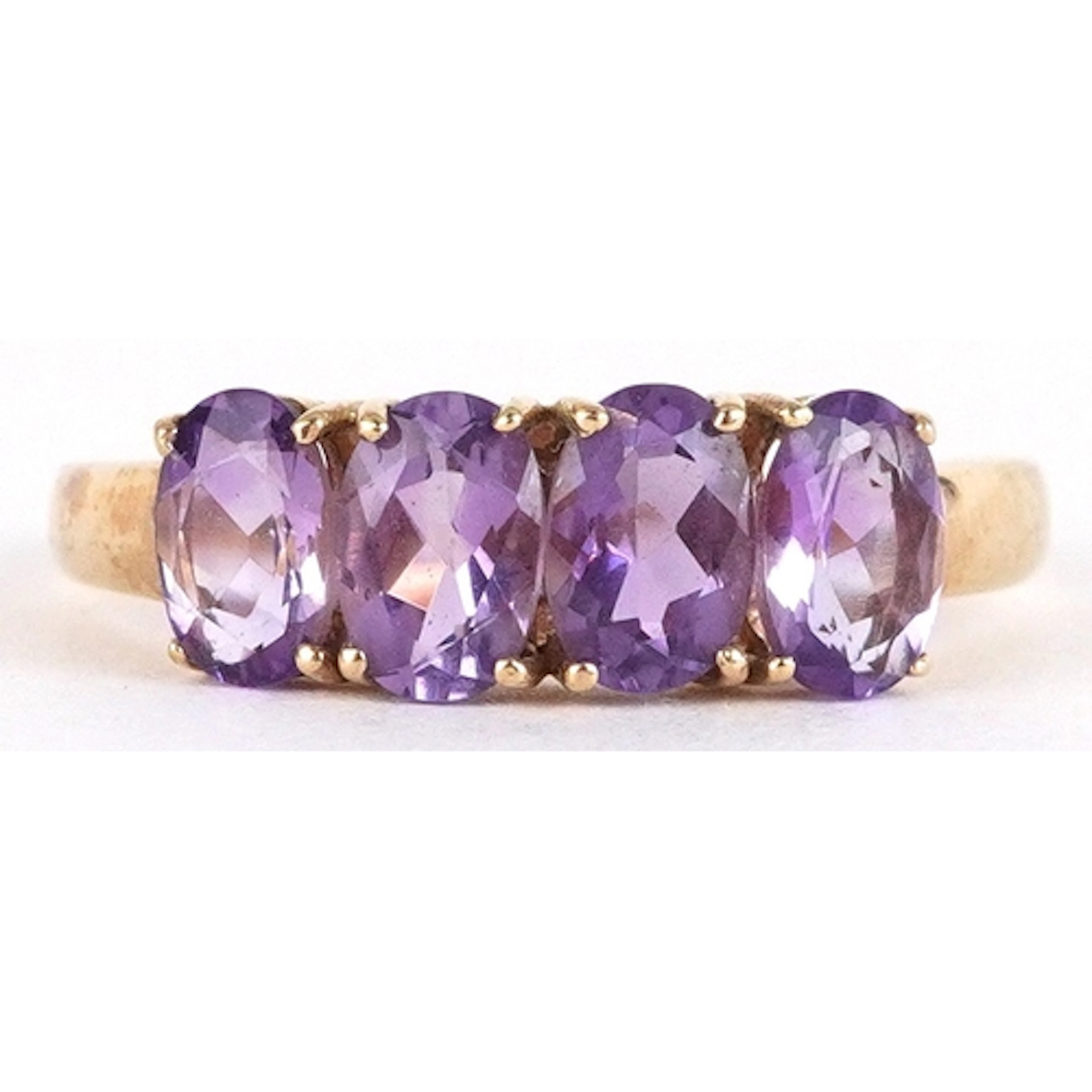 9ct gold amethyst four stone ring, size Q, 1.9g.