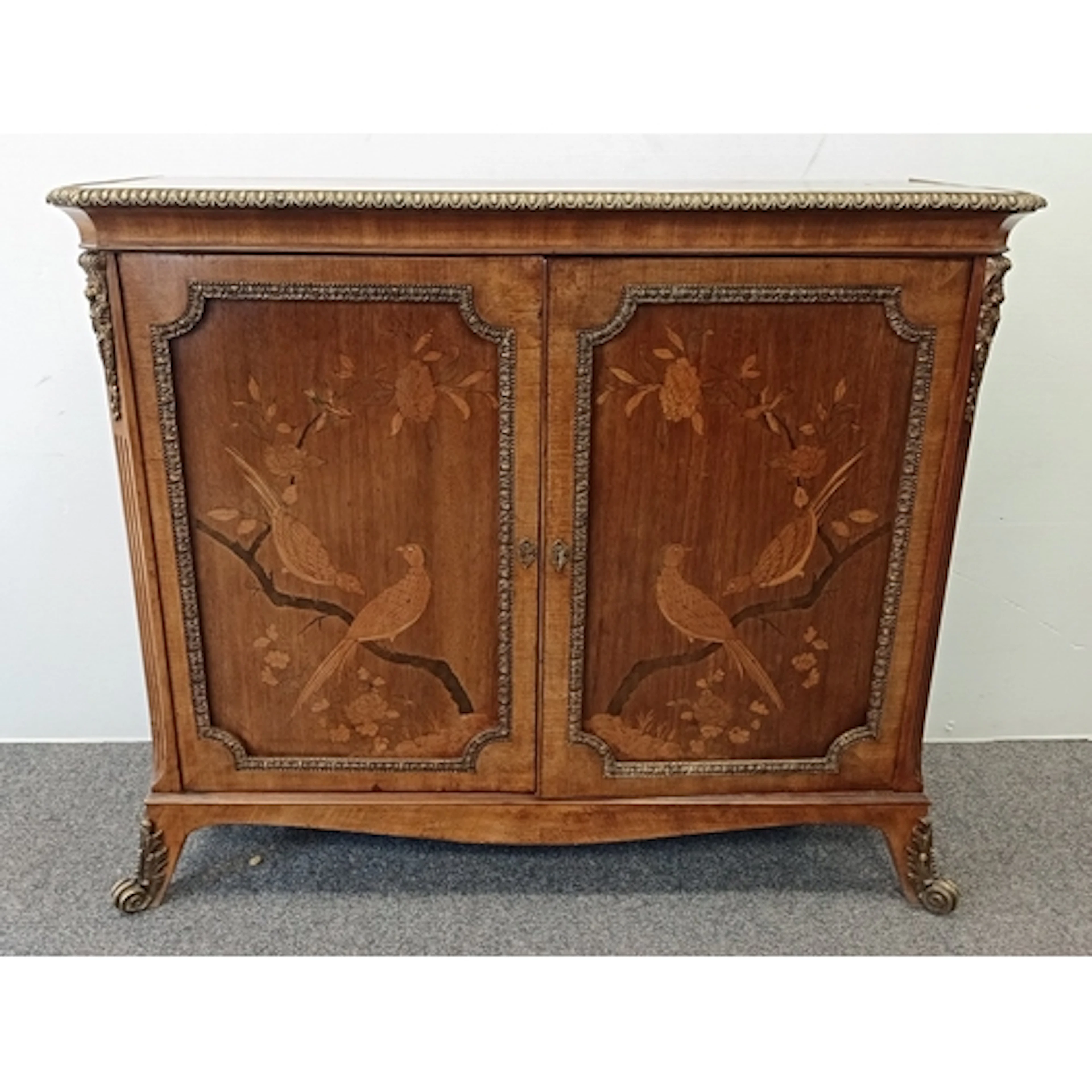 Marquetry Inlaid Sideboard Cabinet with Avian & Floral Motif...