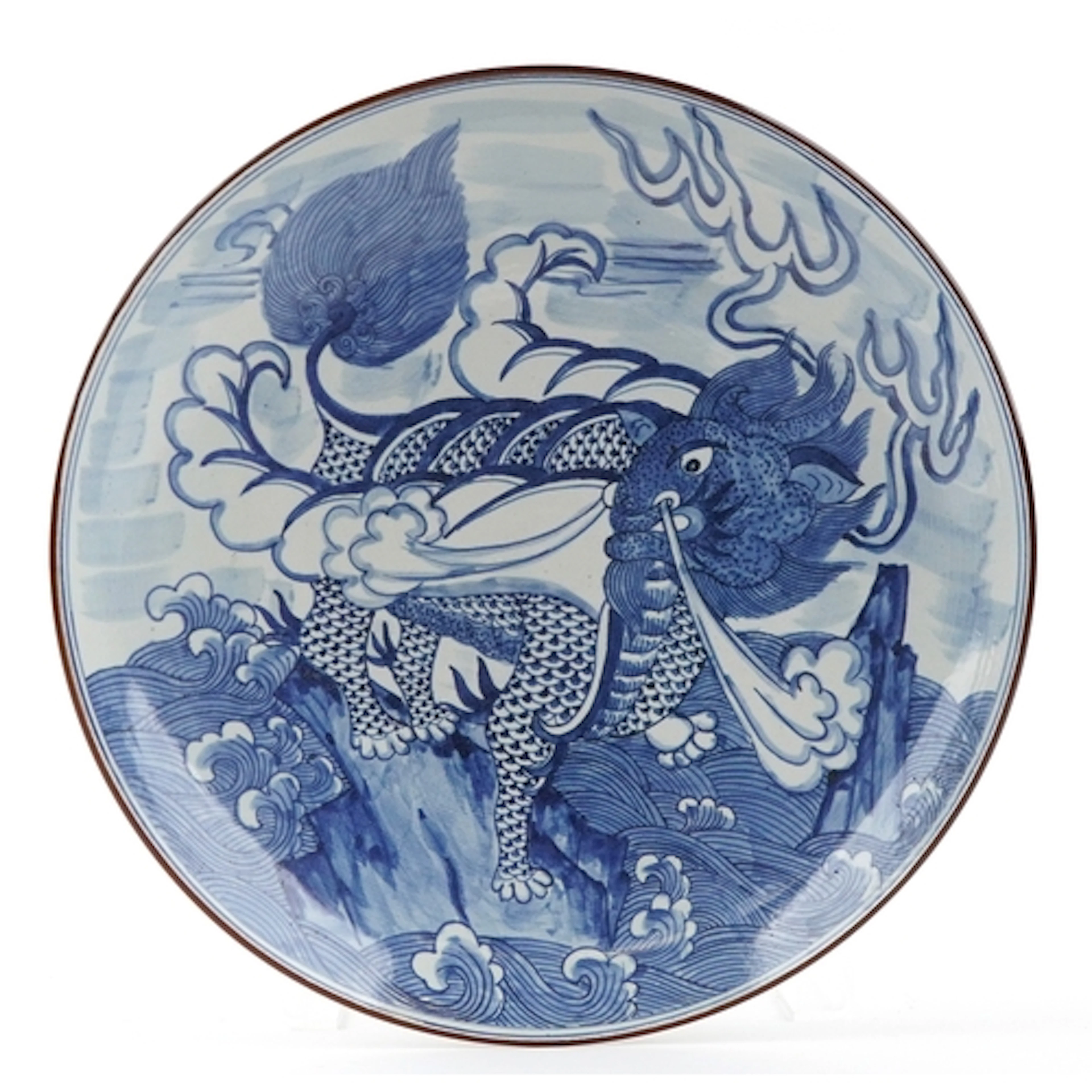 Large vintage Chinese blue and white charger hand painted wi...