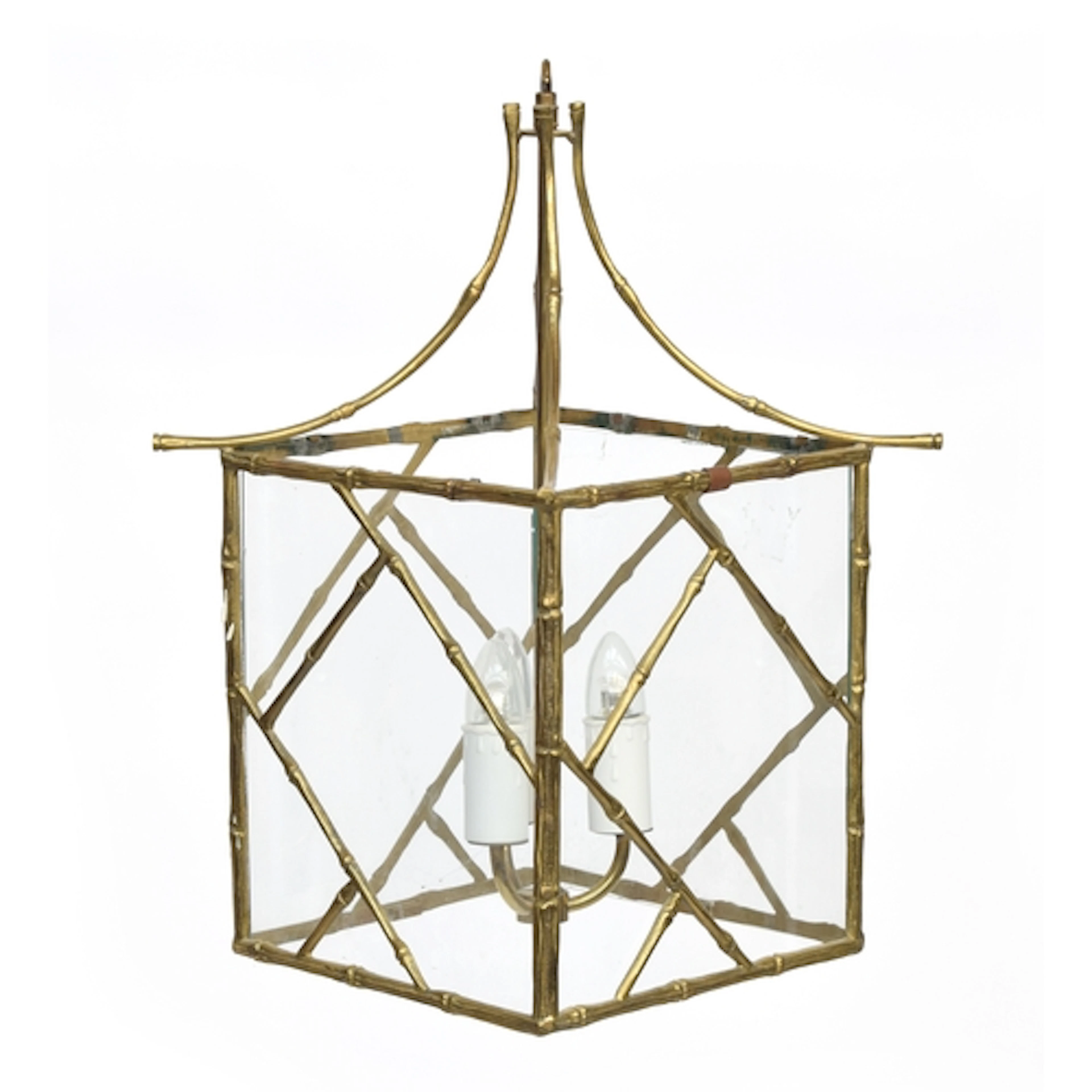 A gilt metal faux bamboo brass and glazed hanging lantern wi...