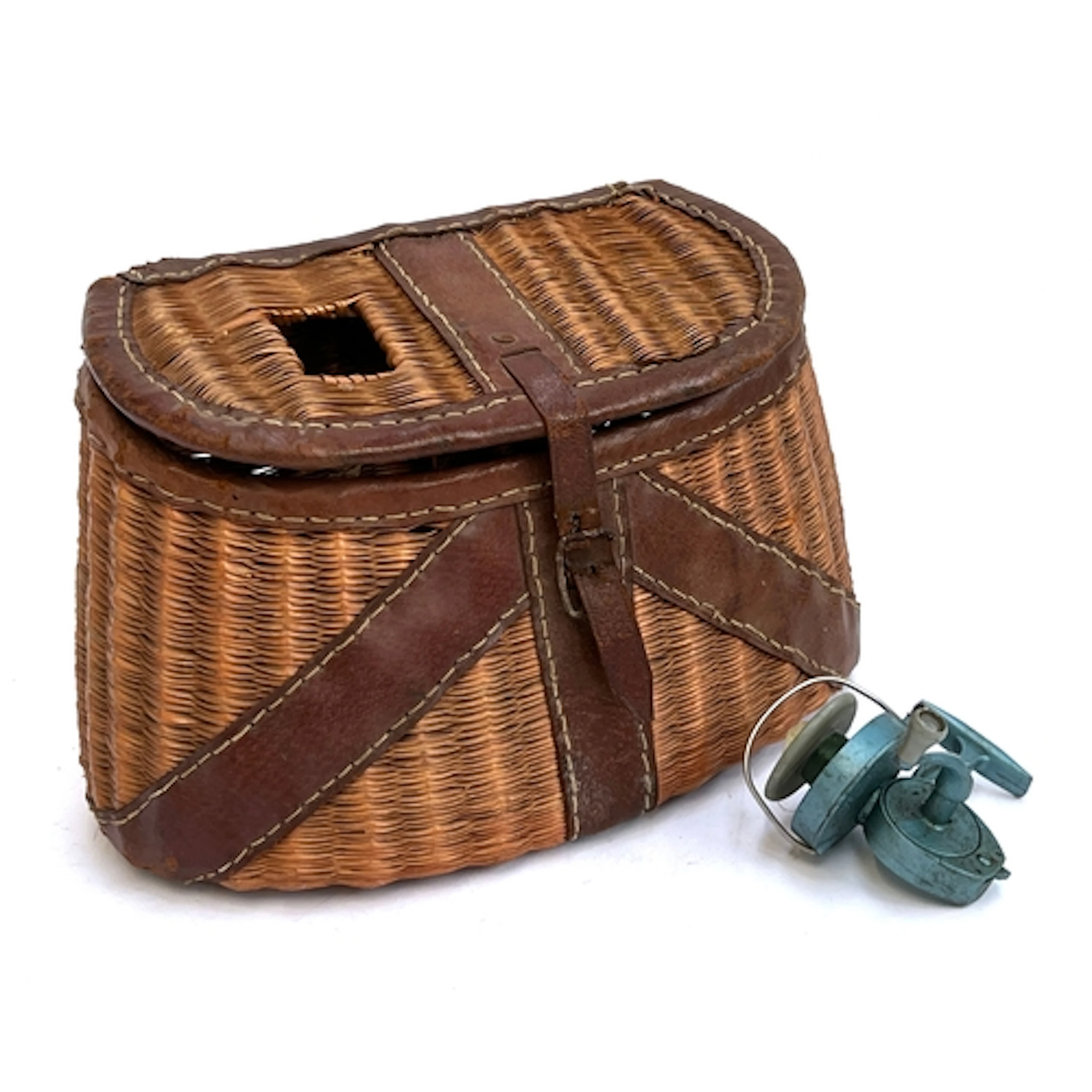 A vintage wicker and leather fishing creel basket, approx. 3...