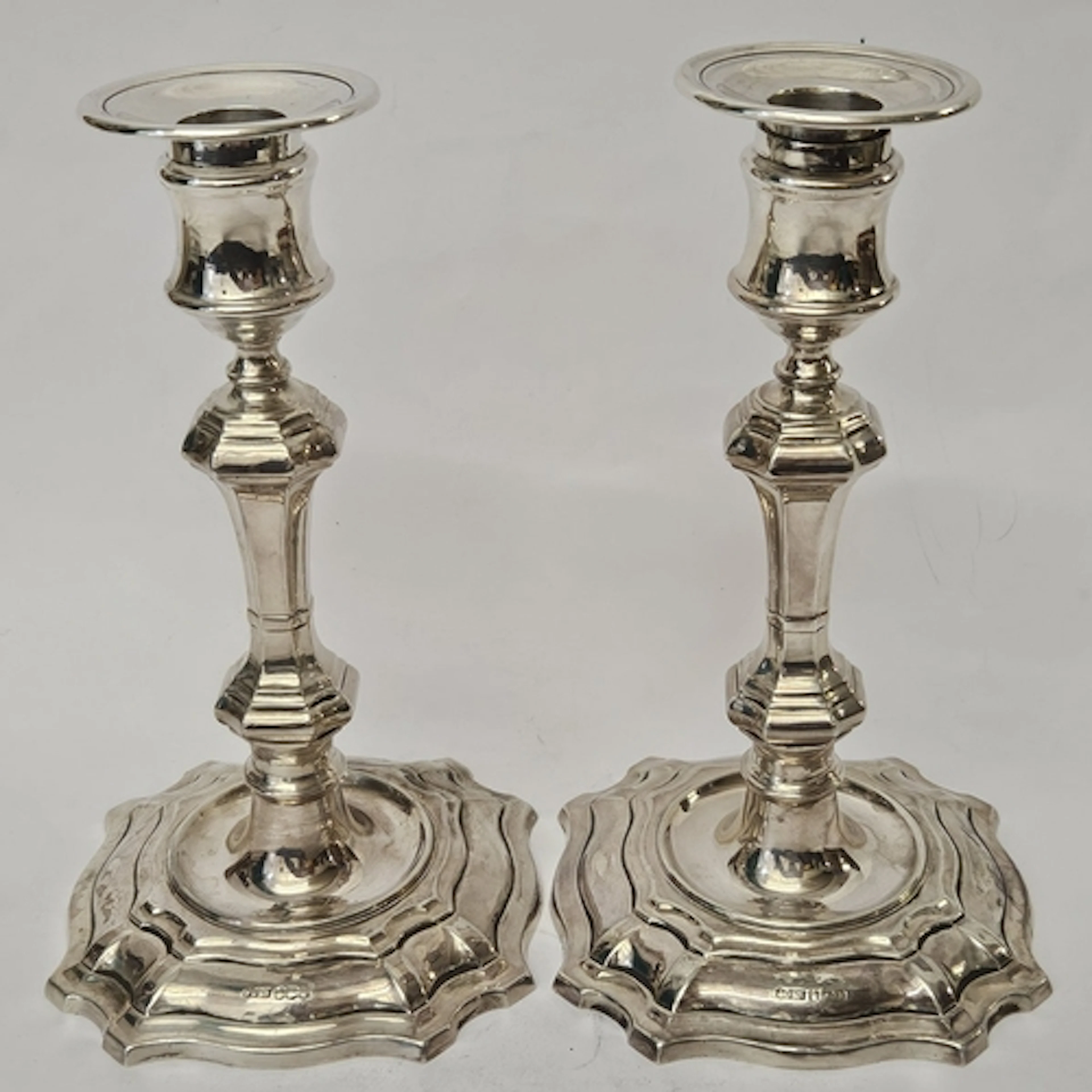 Pair Reproduction Queen Anne Style Silver Pillar candlestick...