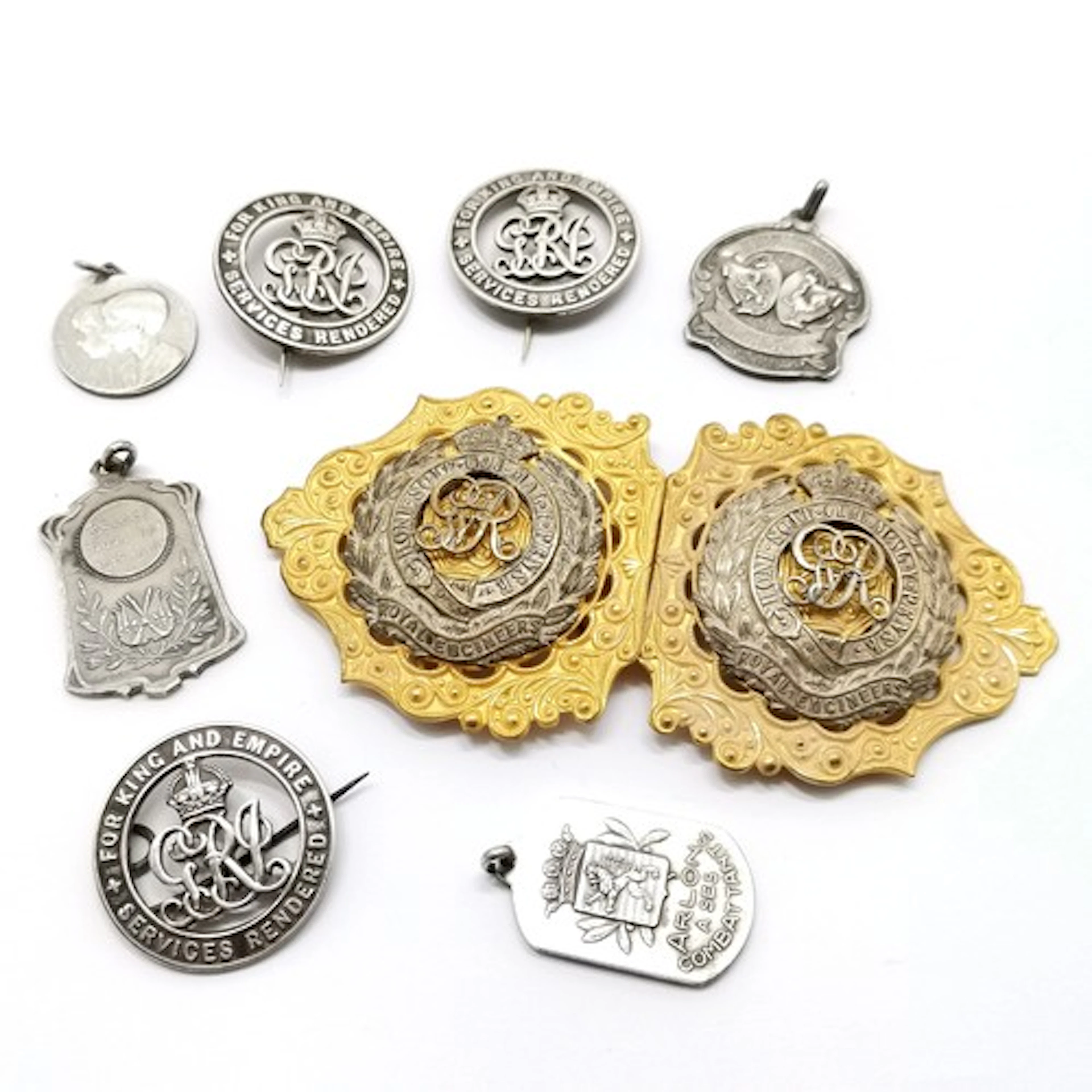 Qty of militaria - Royal Engineers belt buckle (12cm across)...