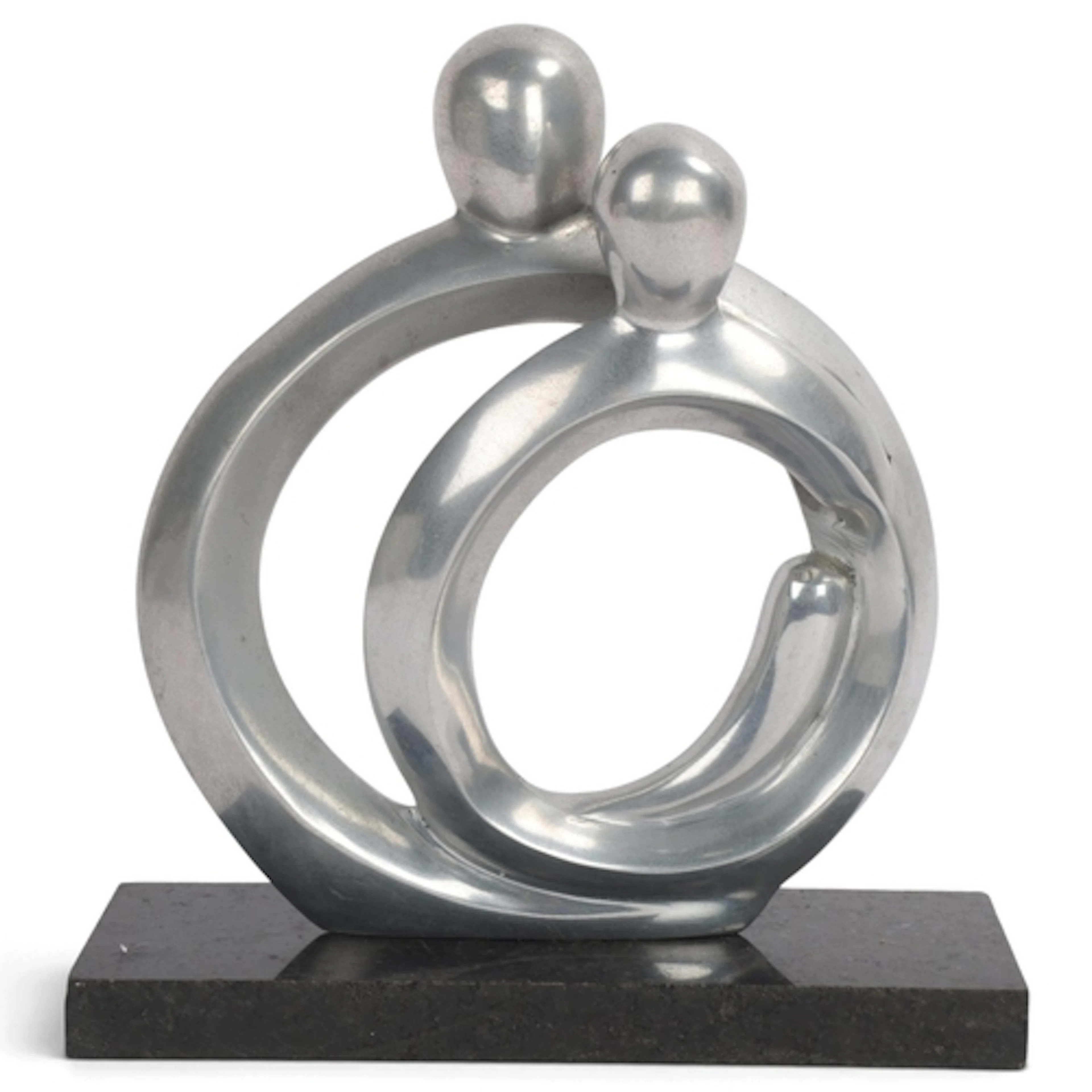 A modernist aluminium sculpture of two figures, on polished...
