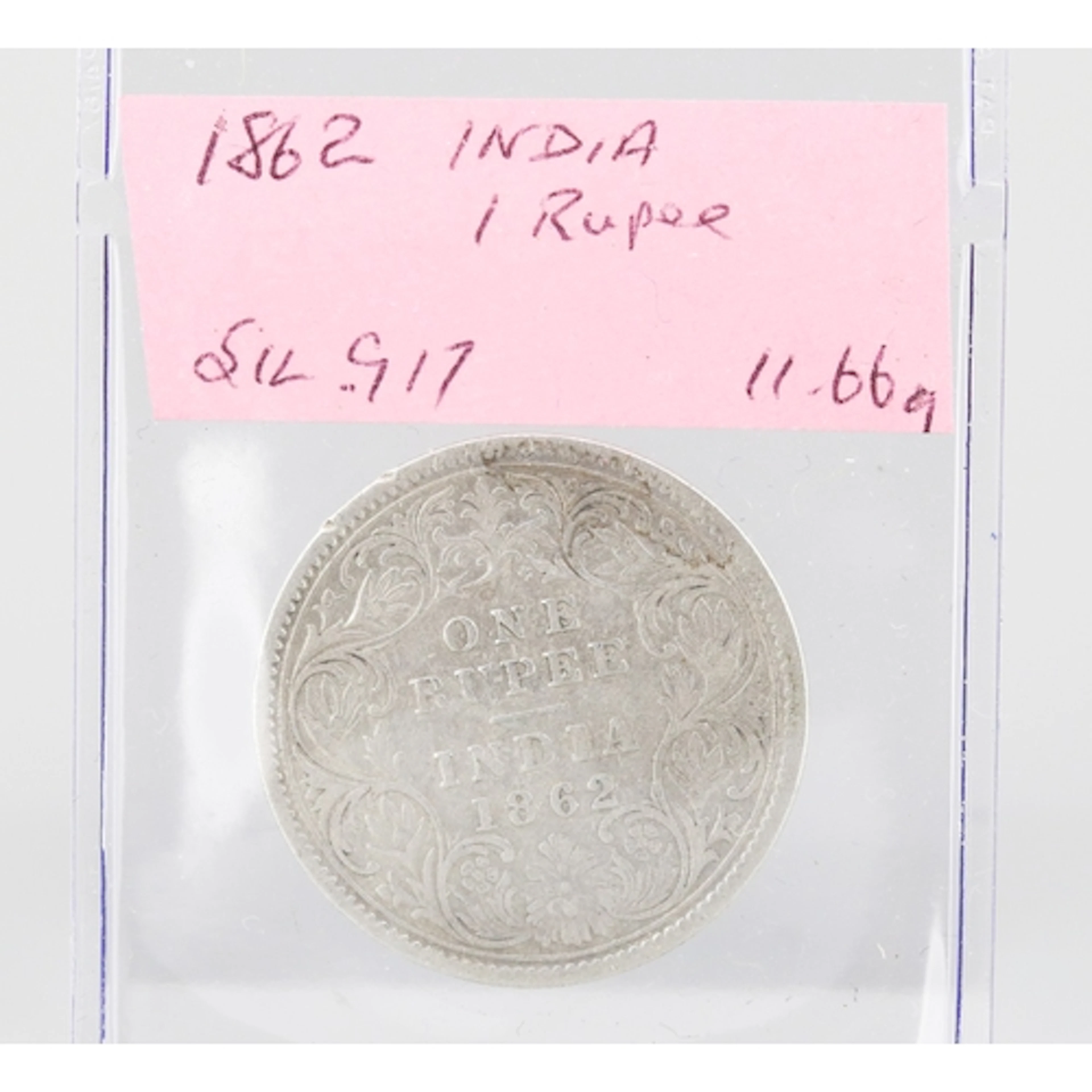 Silver Indian One Rupee Coin, Queen Victoria 1862