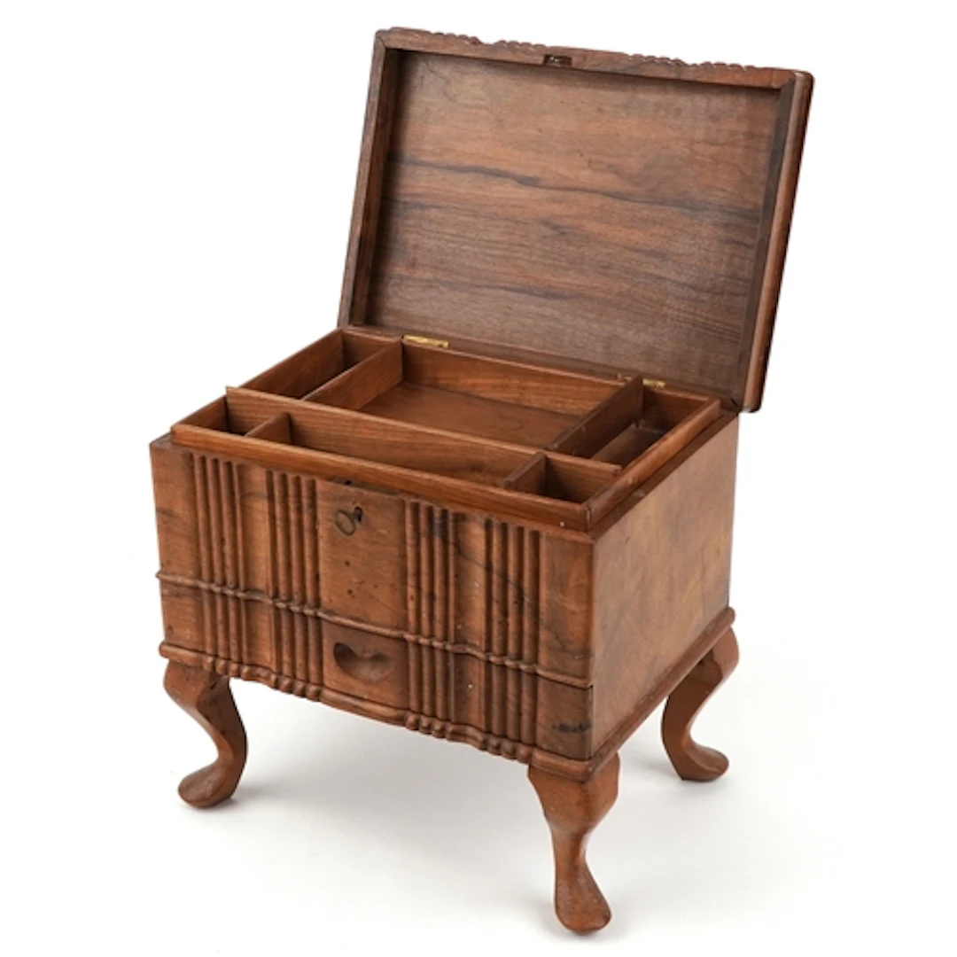 Vintage walnut table top sewing cabinet with hinged lid, lif...