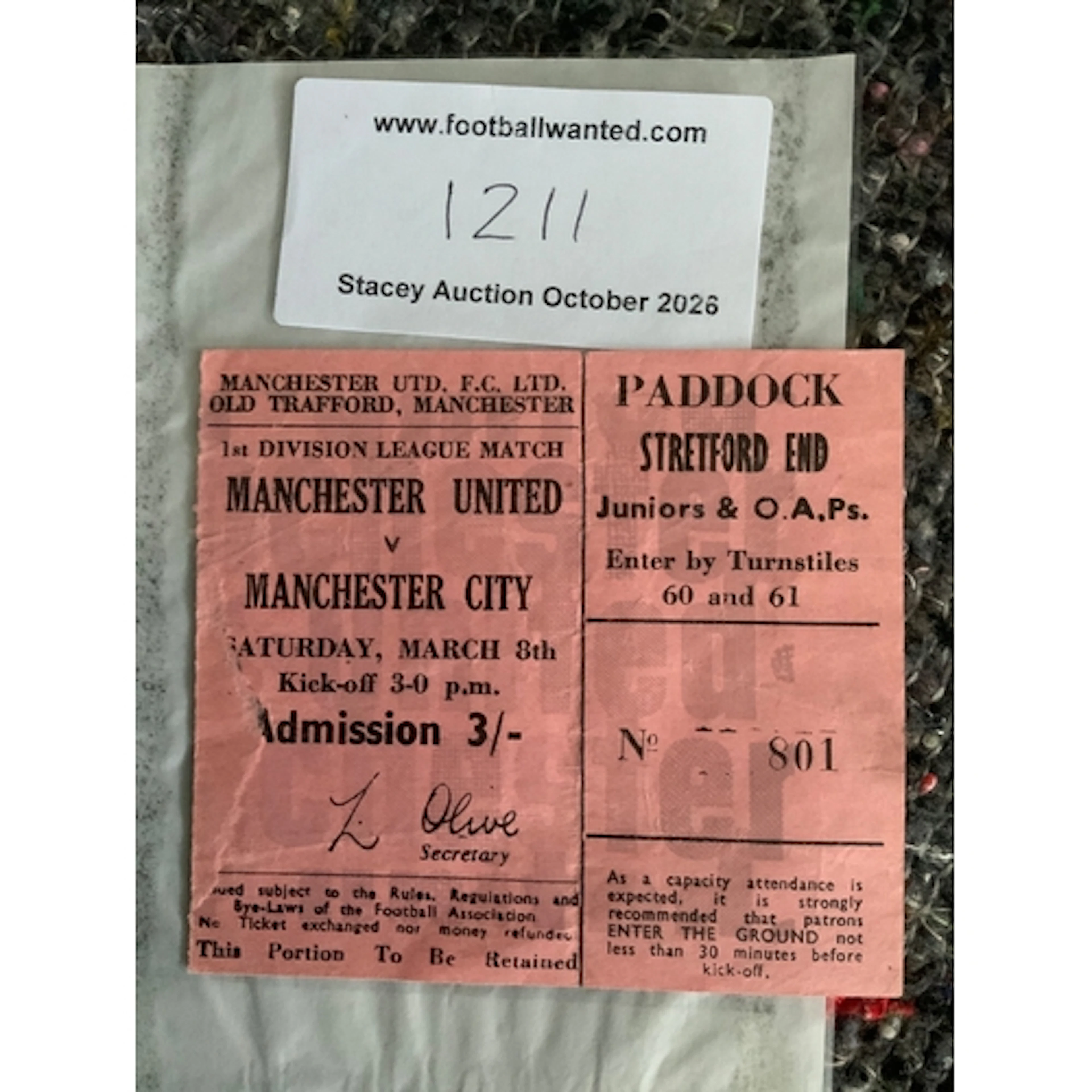1968/69 Manchester United v Man City Pink Football Ticket: G...