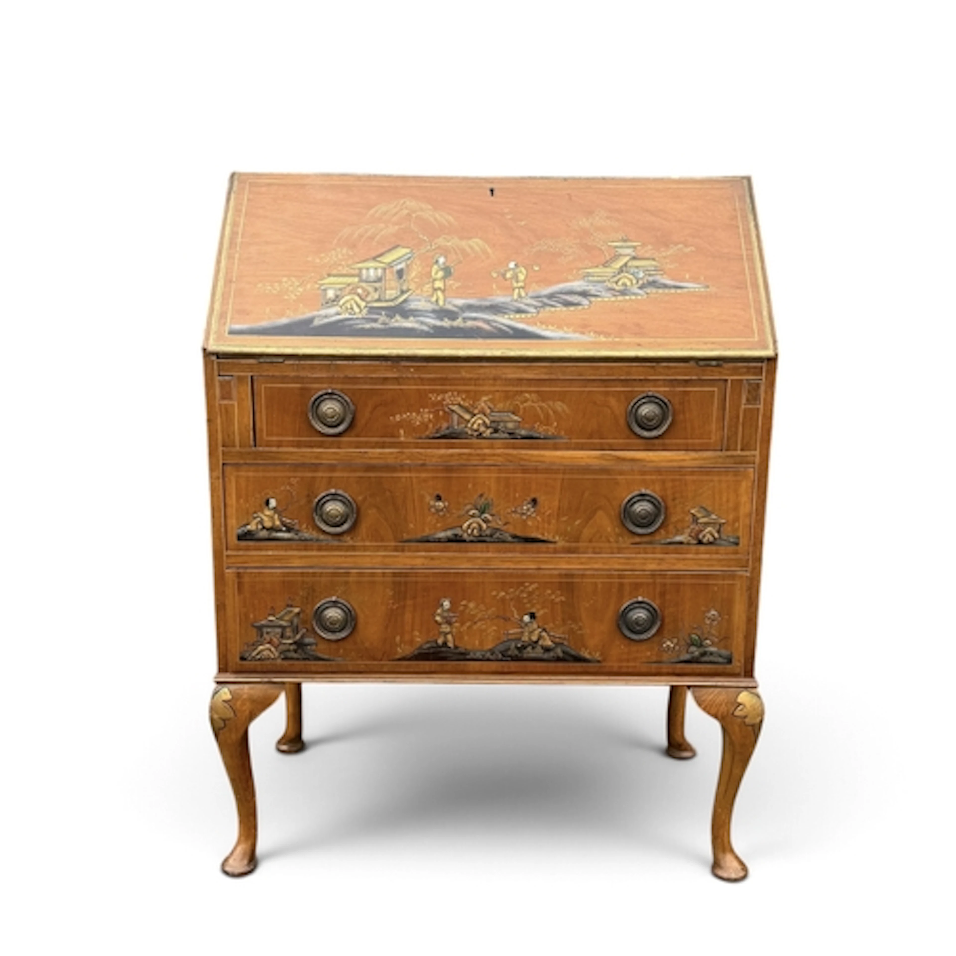 A 20TH CENTURY CHINOISERIE DECORATED BUREAU The compartments...