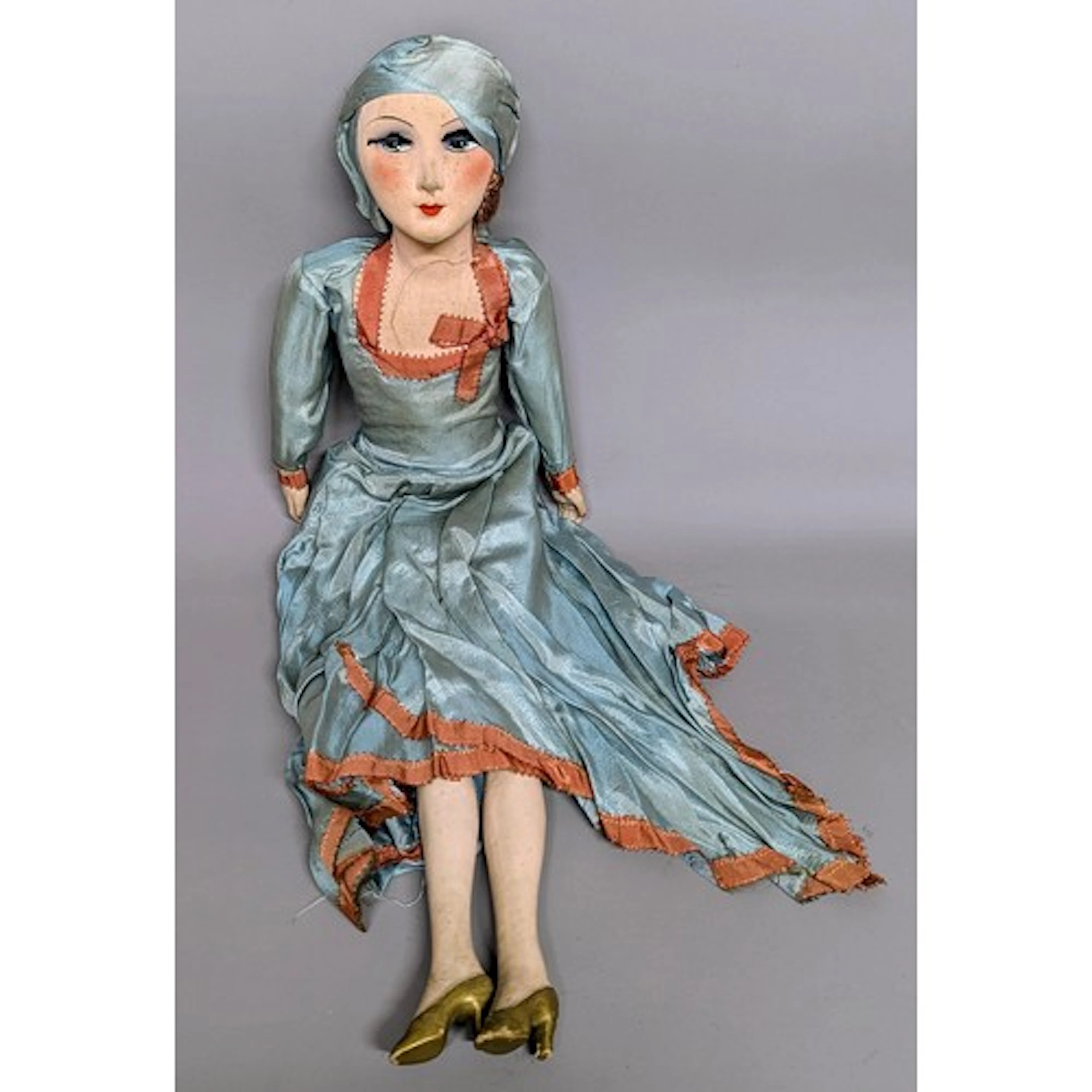 An Art Deco French boudoir doll, in blue satin flapper dress...