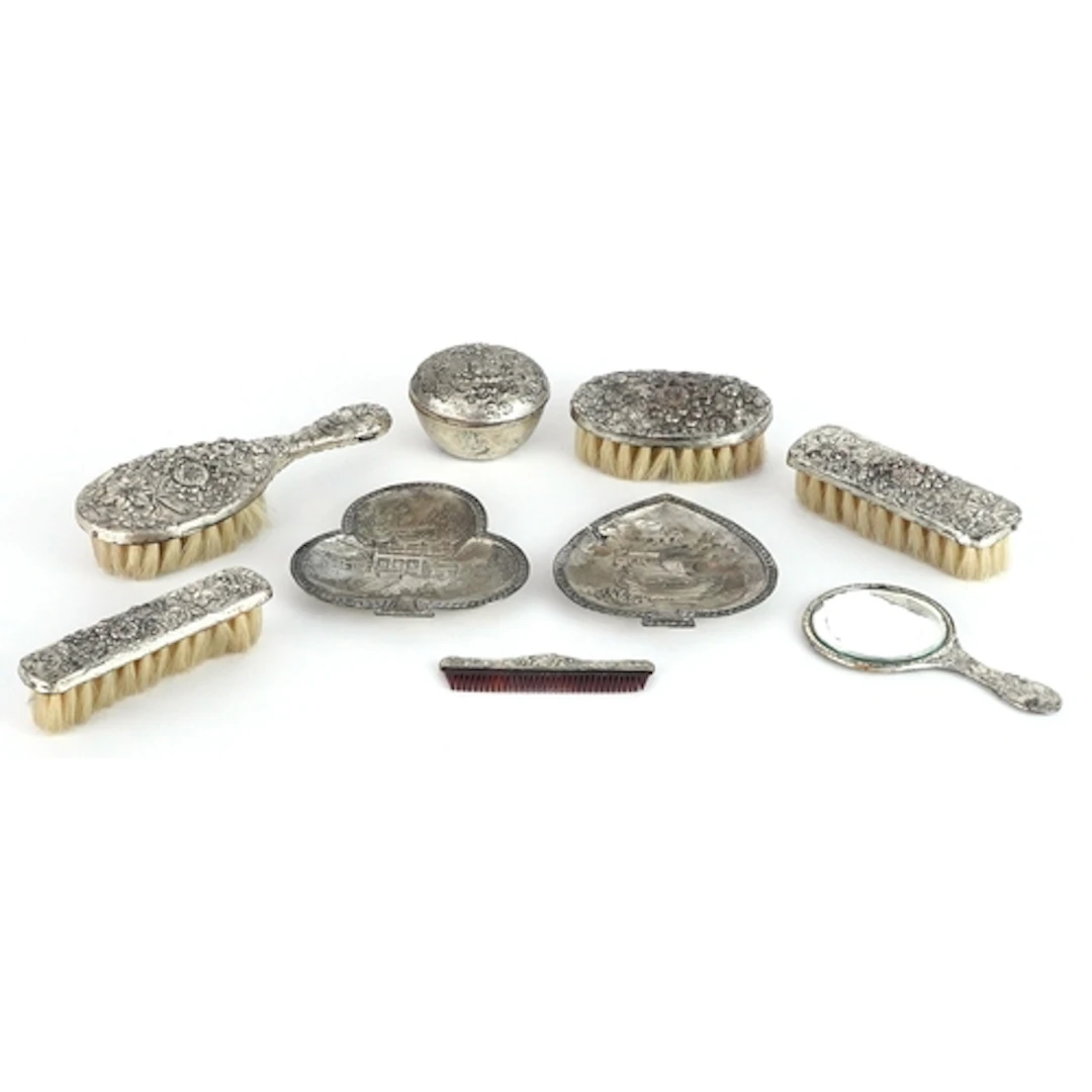 Vintage Japanese miniature white metal brush and hand mirror...