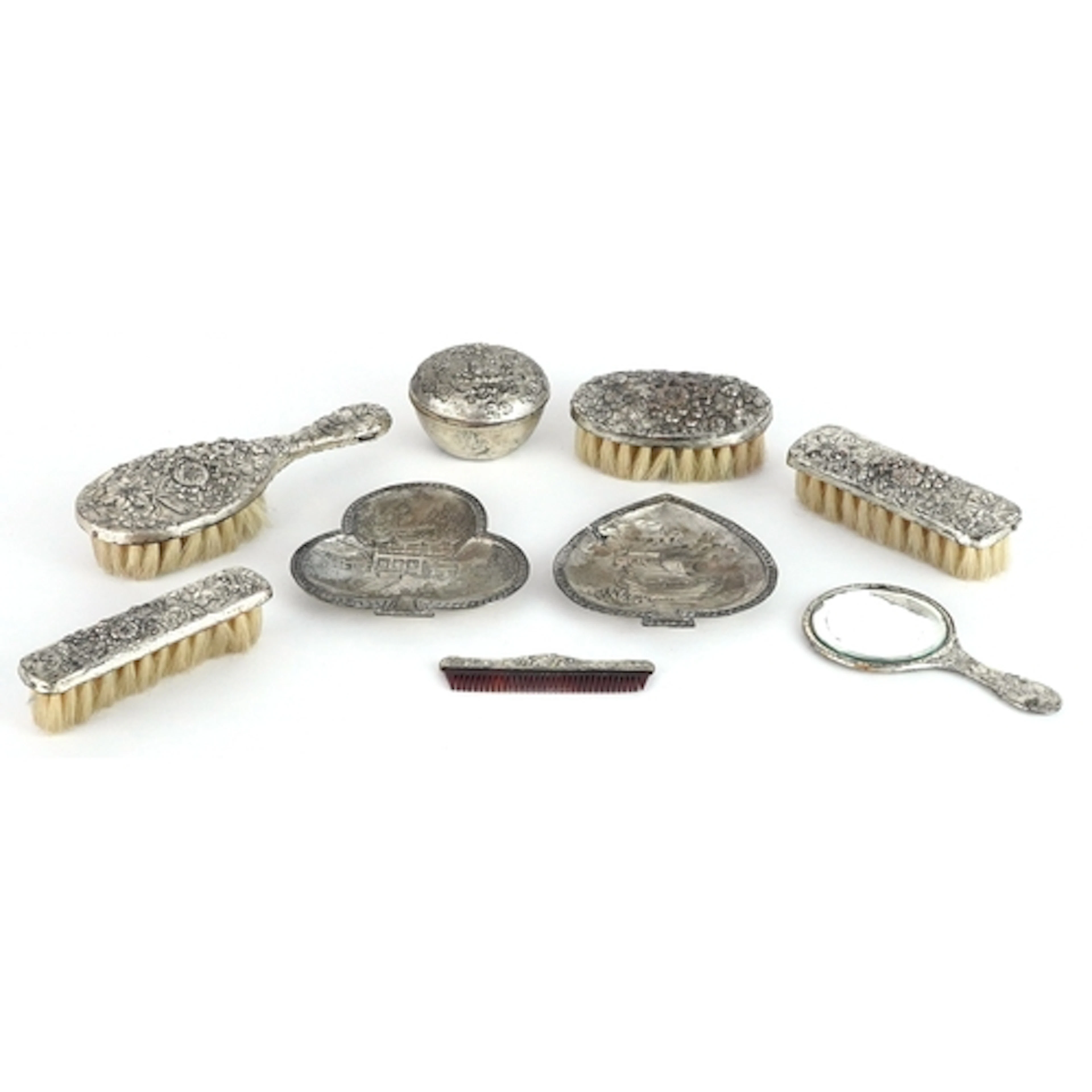Vintage Japanese miniature white metal brush and hand mirror...