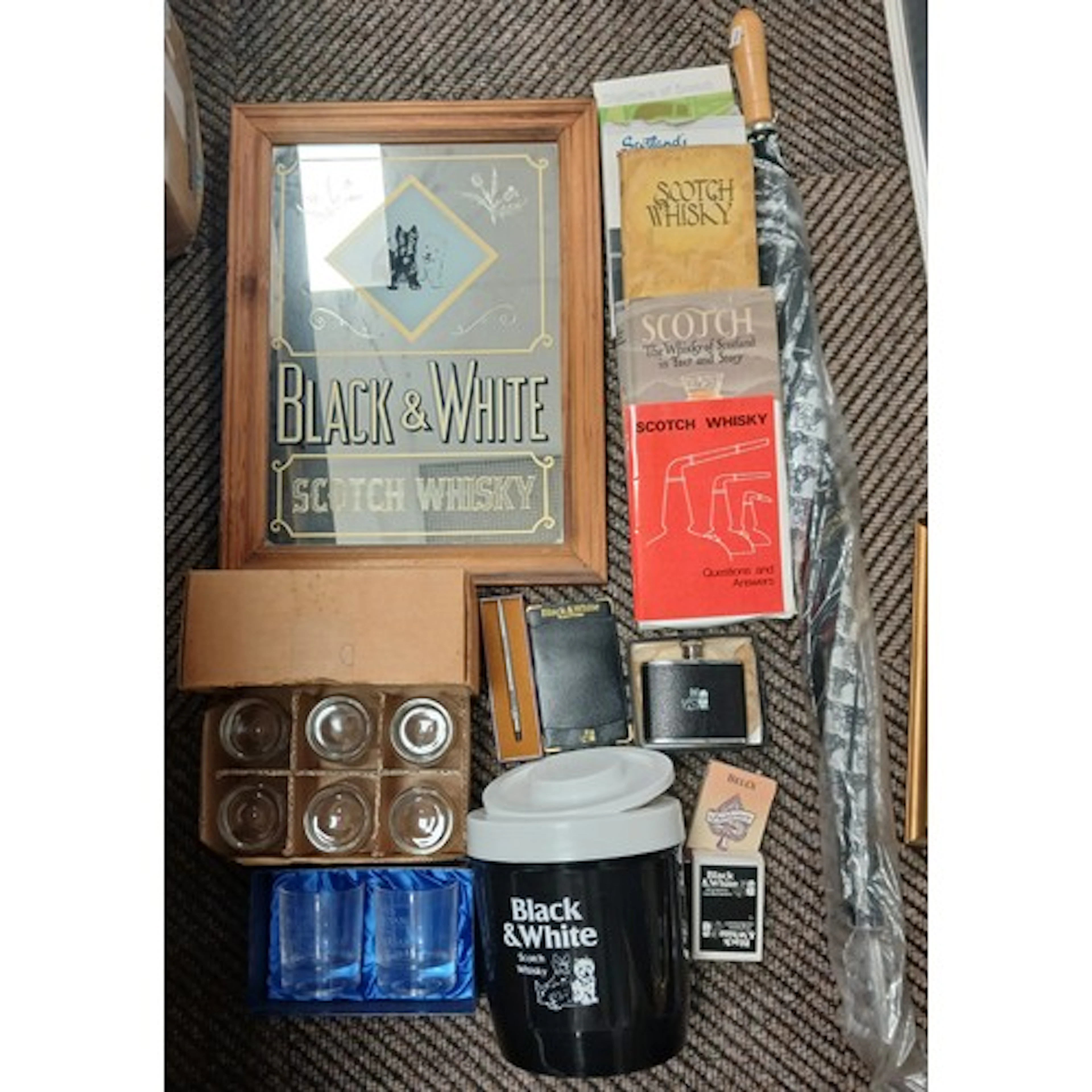 Collection of black and White Whisky ephemera to include jug...