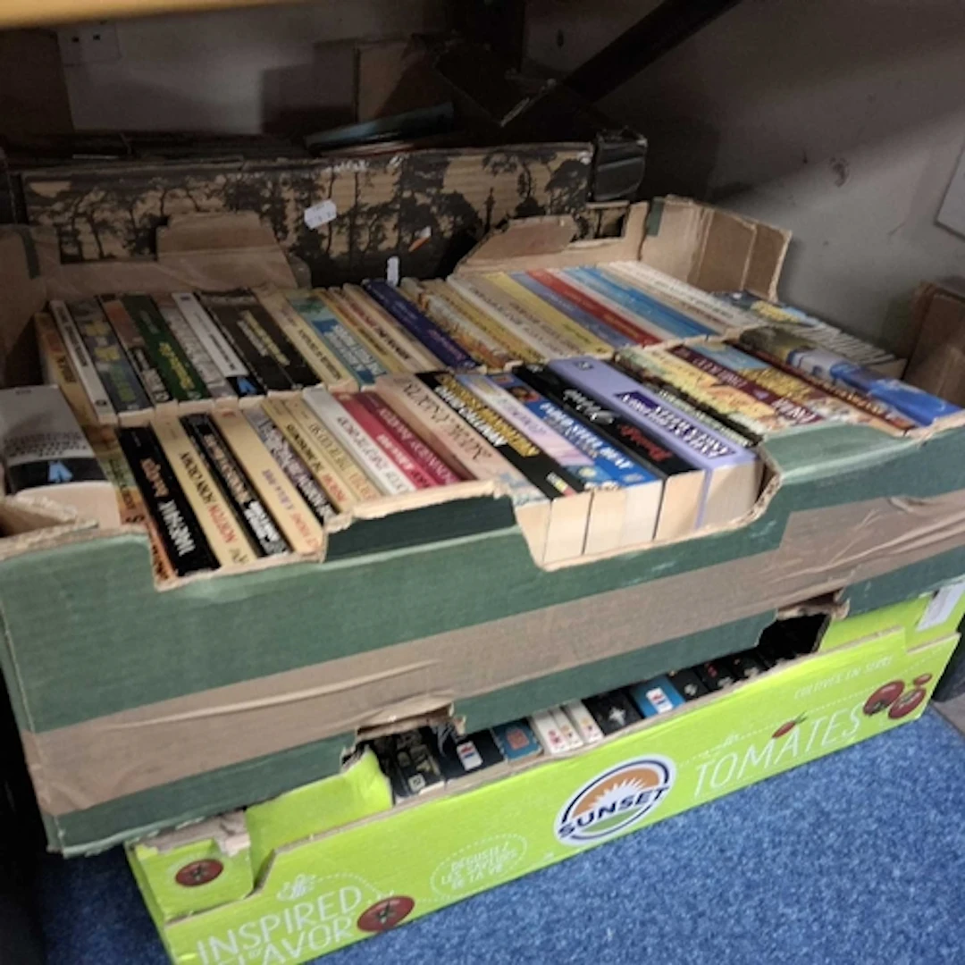 FOUR BOXES OF VINTAGE SCIENCE FICTION AND FANTASY BOOKS comp...