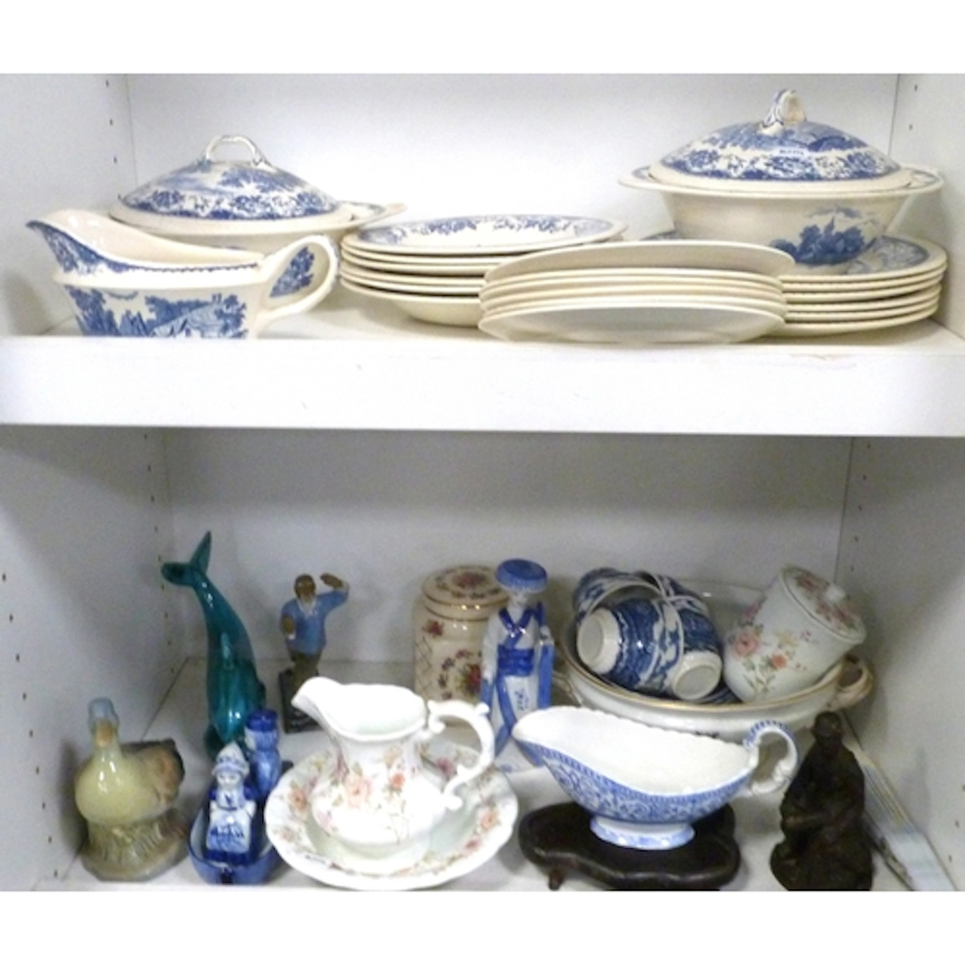 Two shelves of ceramics to include part Royal Tudor dinner s...