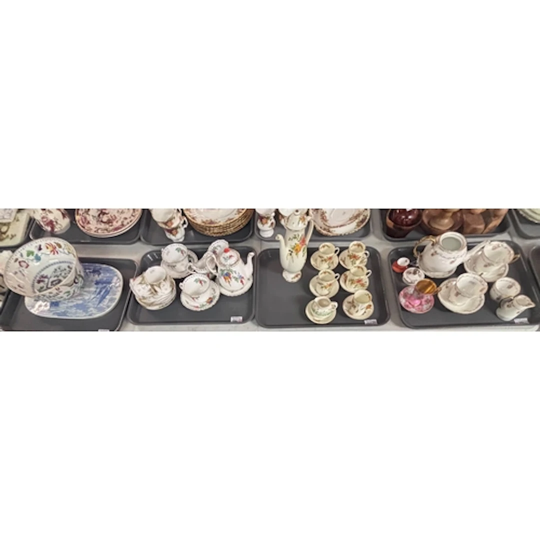 Four trays of ceramics to include floral porcelain tea for t...