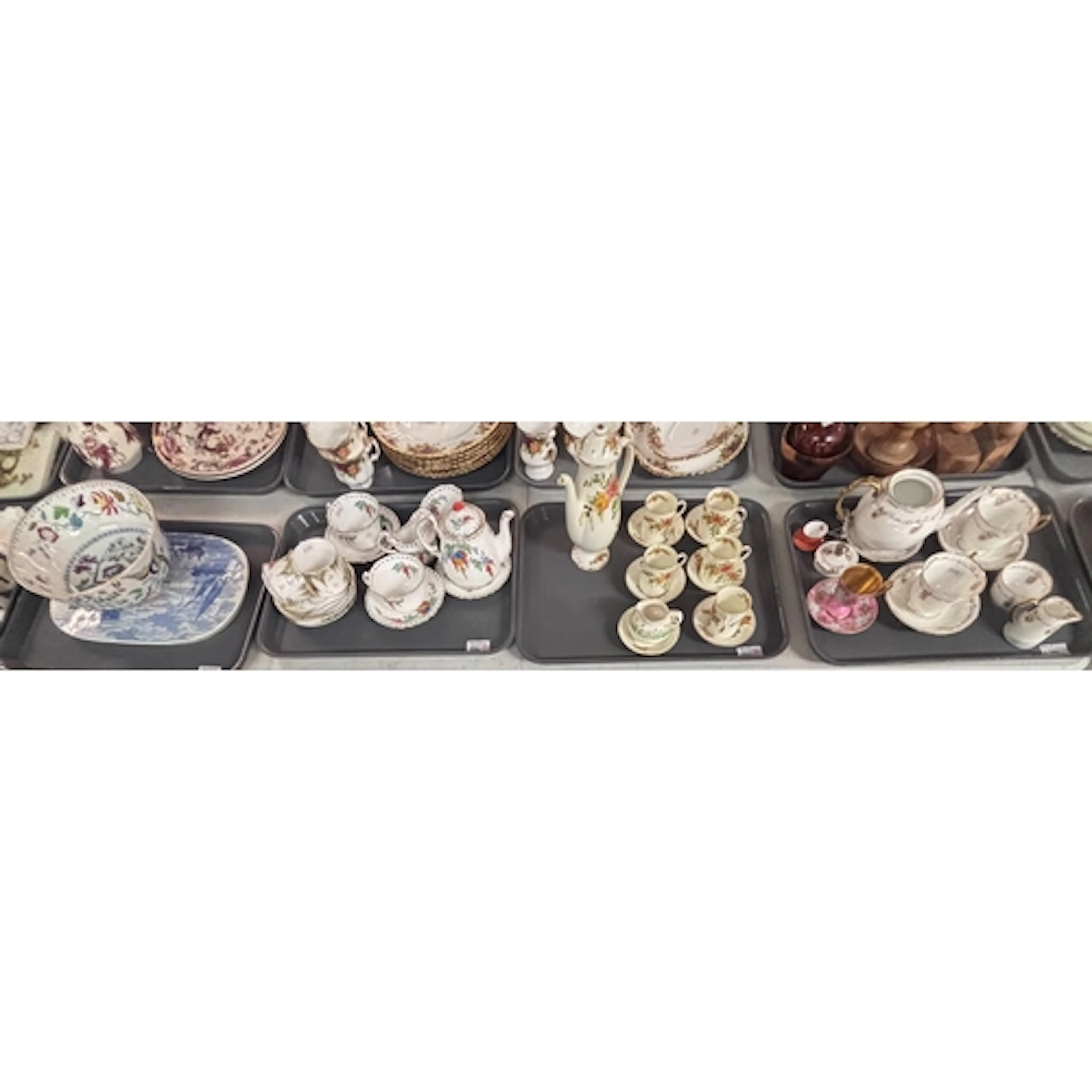Four trays of ceramics to include floral porcelain tea for t...
