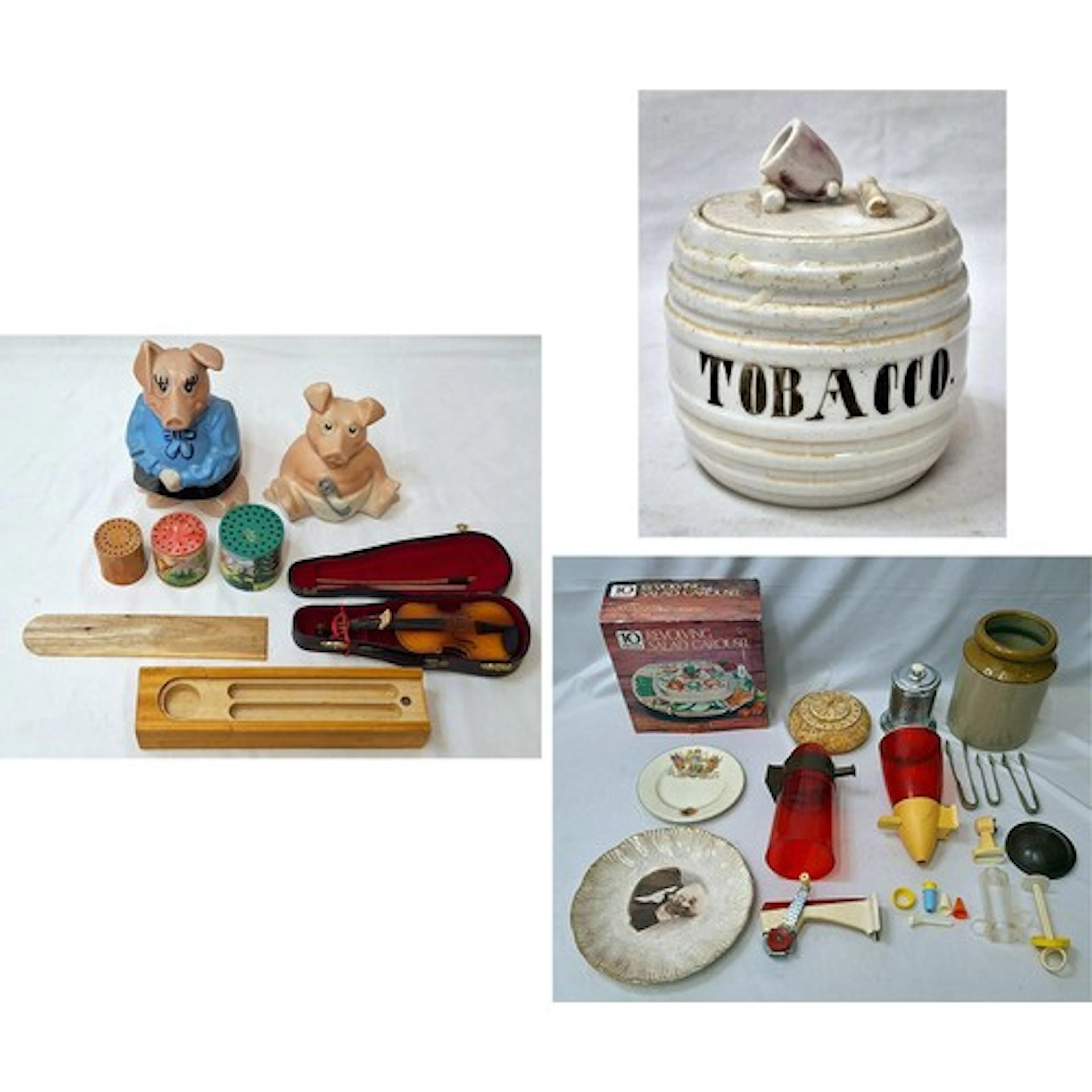 2 Wade Piggy Banks, wooden pencil box, miniature violin in c...