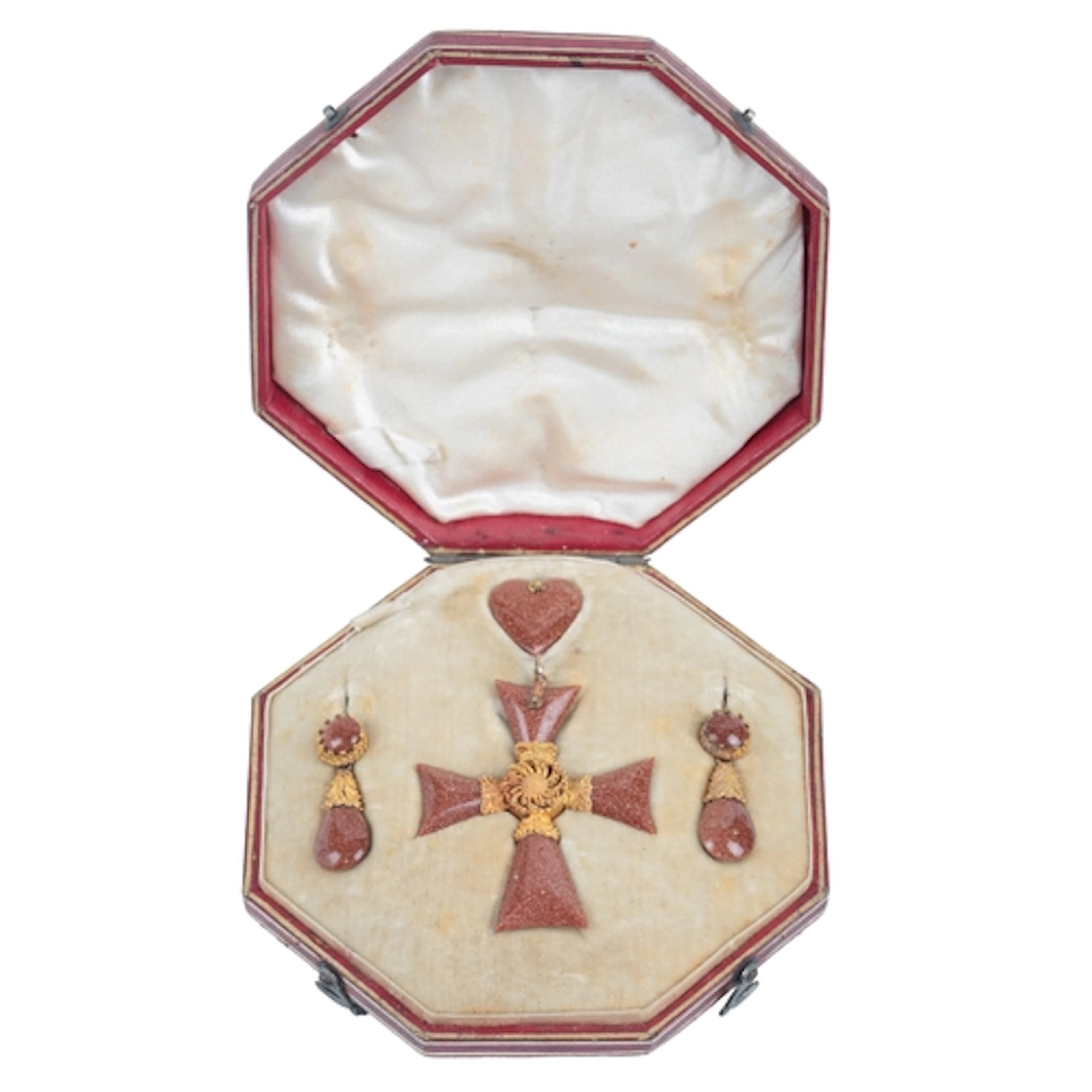 A rare cased Louis Philippe goldstone glass demi-parure, Fra...