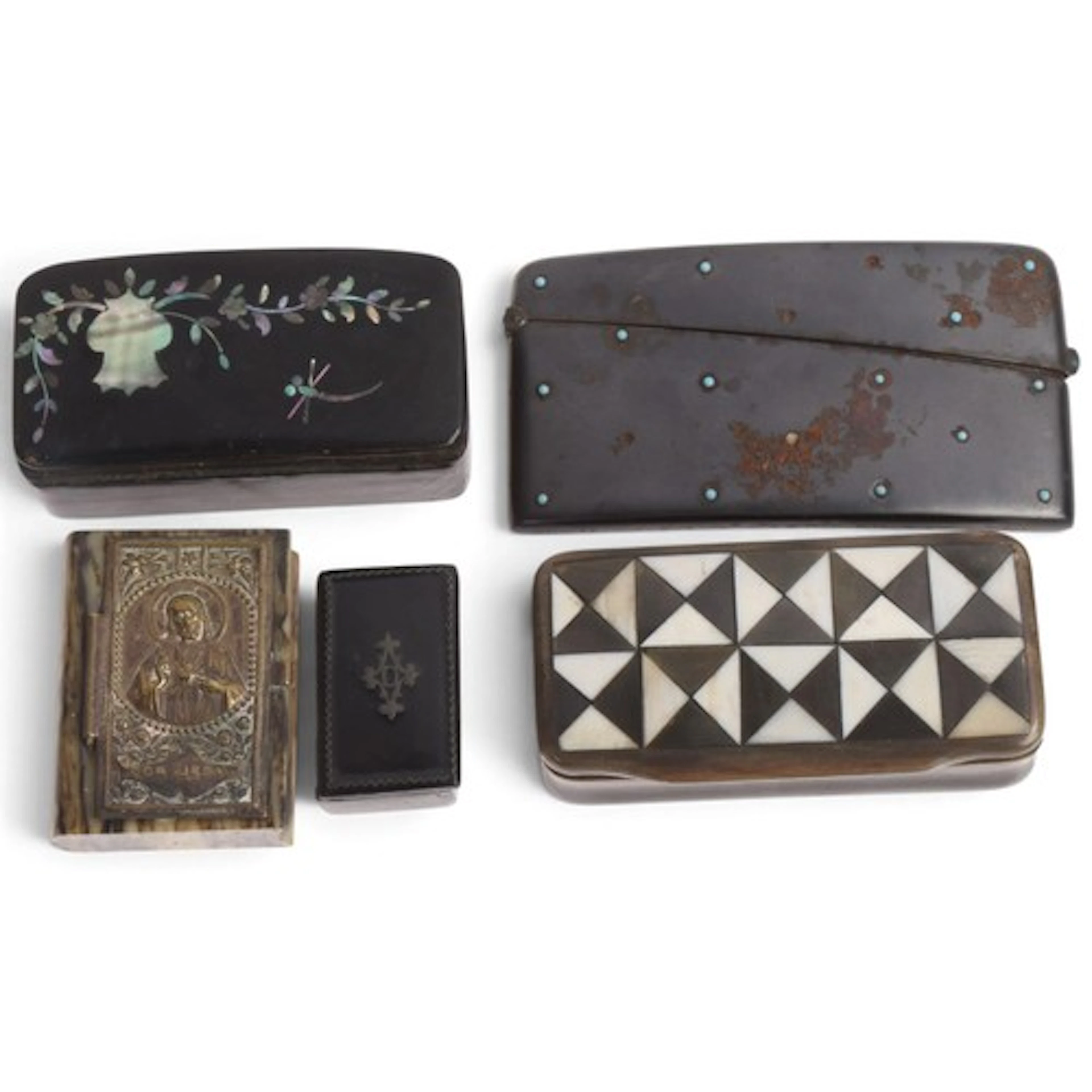 Five 19th/early 20th century boxes, including a carved horn ...