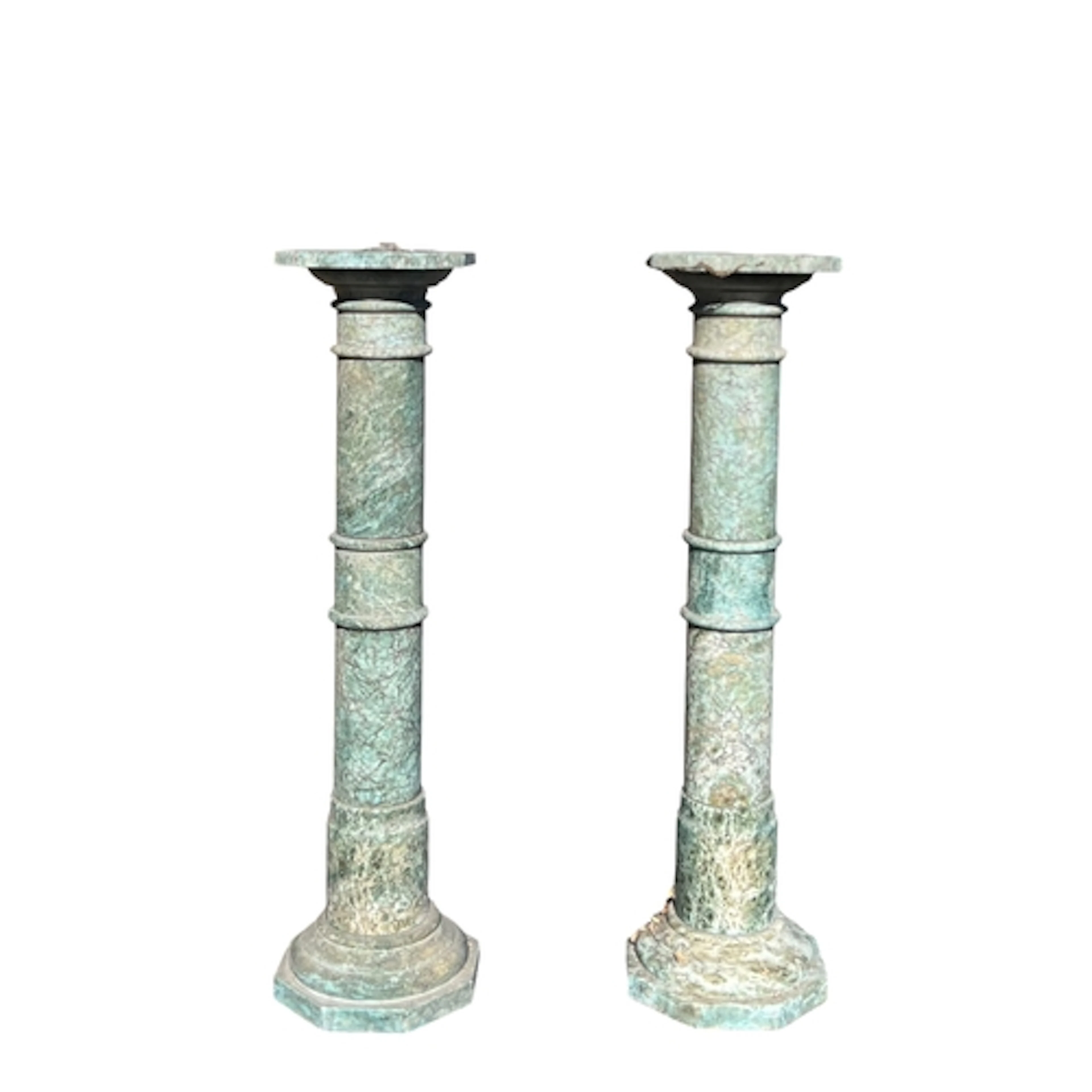 A PAIR OF BLUE STAINED ALABASTER COLUMNS, 20TH CENTURY 102.5...