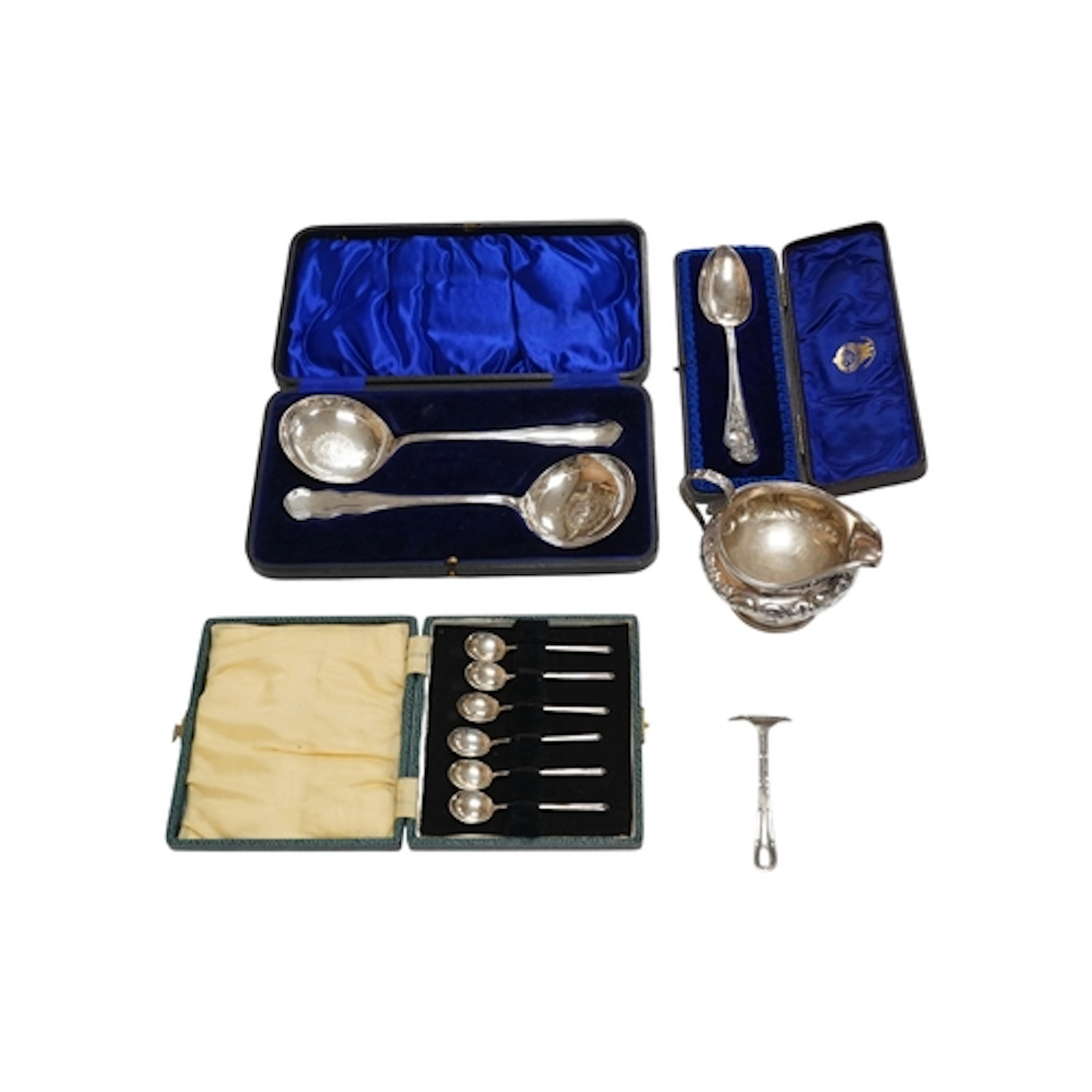 A William IV silver pedestal cream jug, cased set of coffee ...