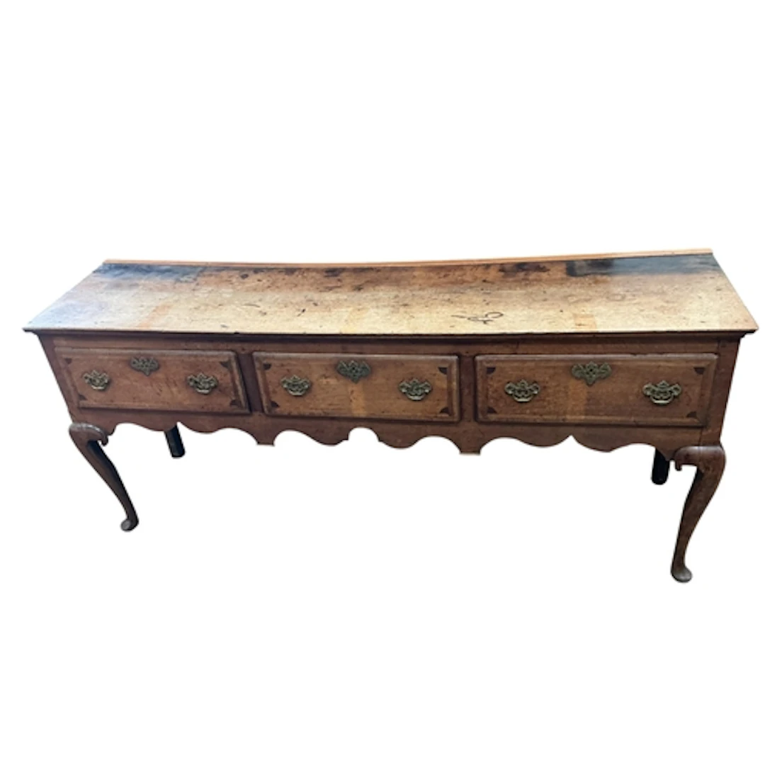 An 18th century banded oak low dresser, width 187cm, depth 4...