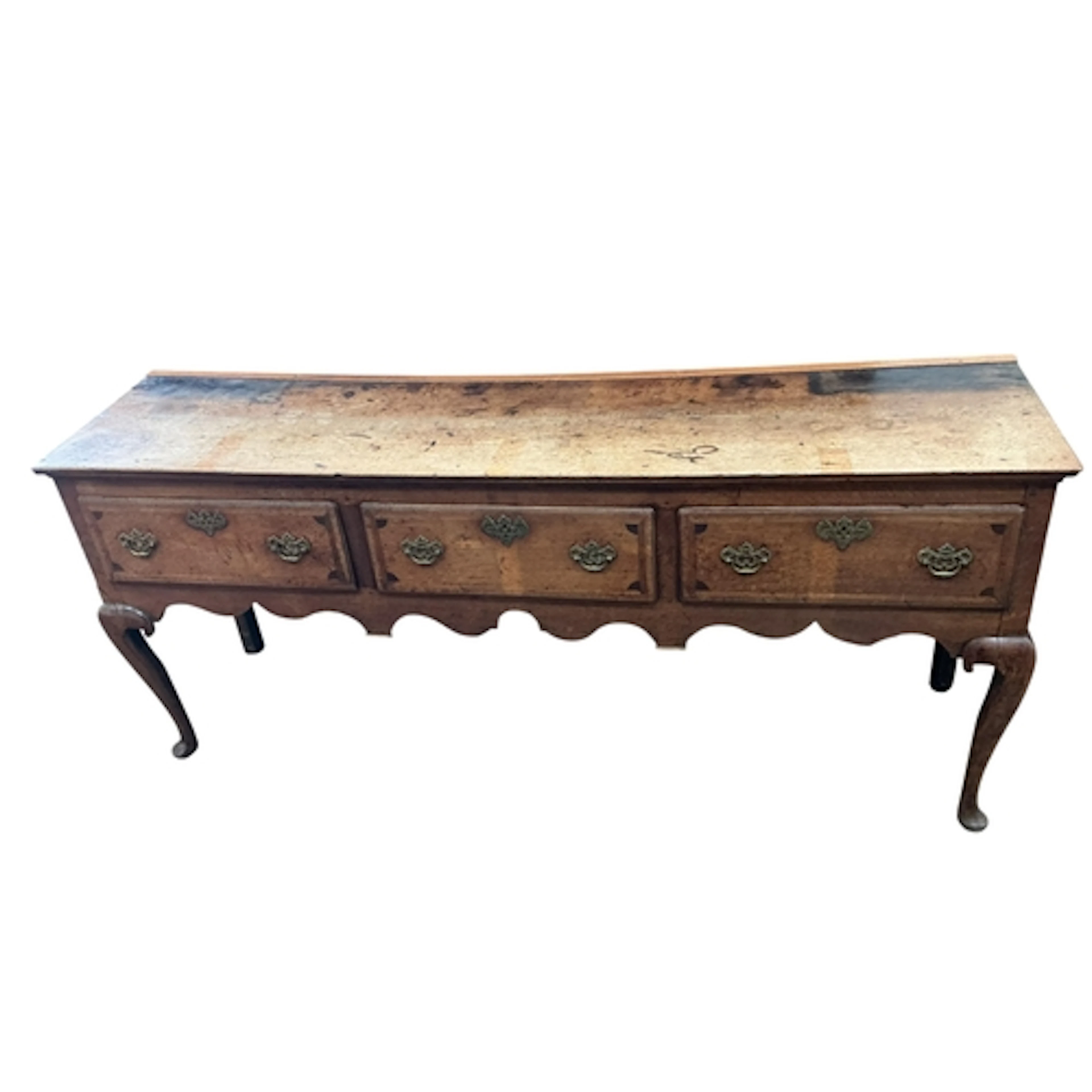 An 18th century banded oak low dresser, width 187cm, depth 4...