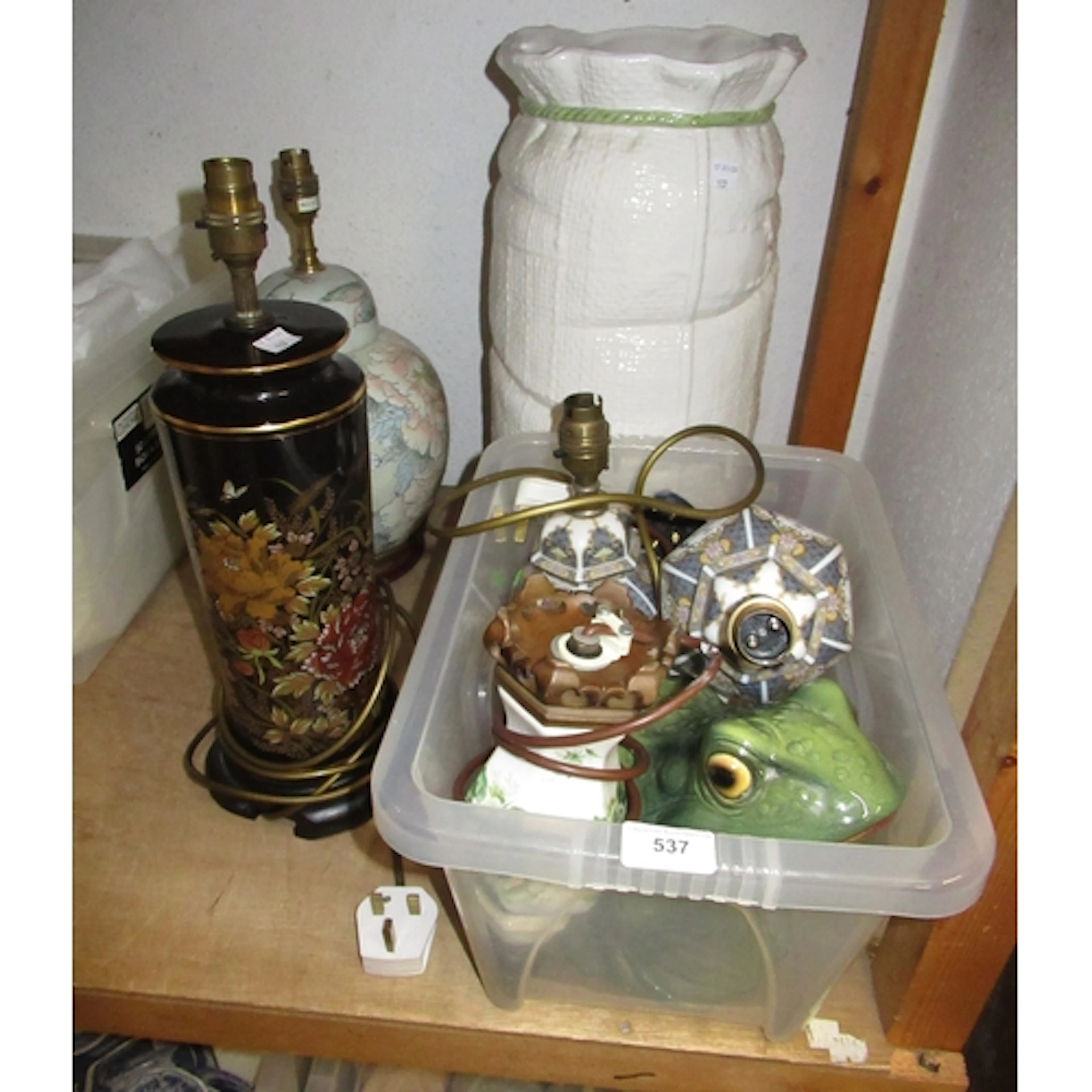 One pair of pottery table lamps, two other lamps, Japanese s...